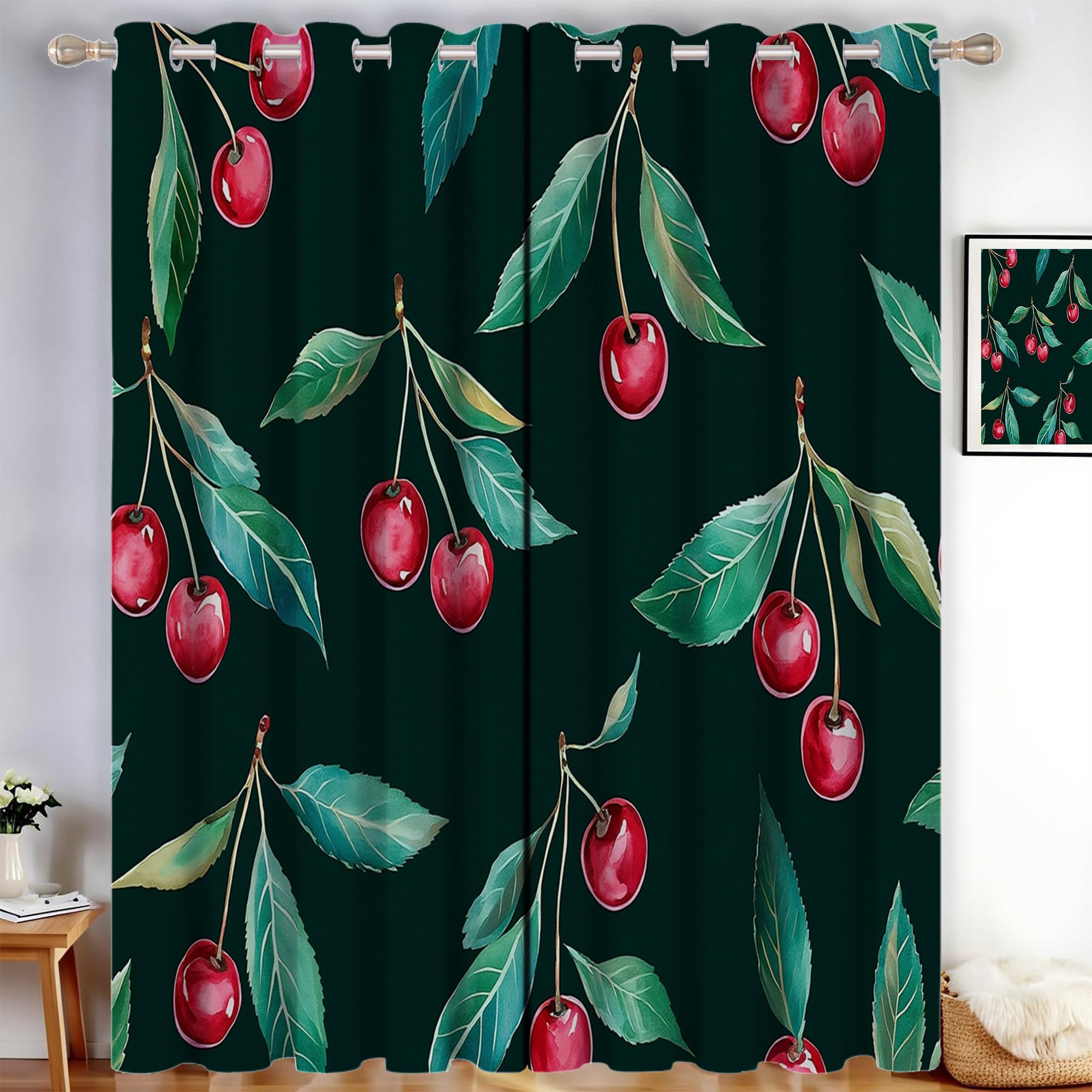 Rideau occultant vert émeraude 117x137 cm lot de 2 avec motifs cerises aquarelle pour chambre