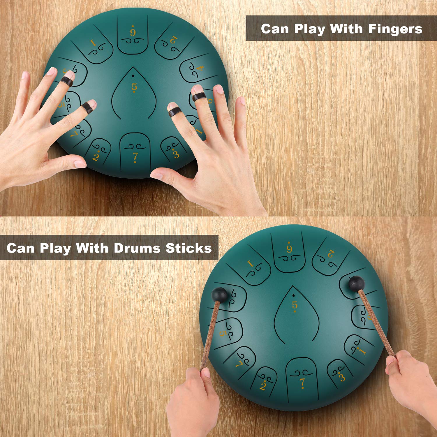 12 Pollici 13 Toni Tamburo Handpan Strumento a Percussione con Bacchette per Tamburi Carry Bag Note Sticks per Meditazione Yoga Zazen Sound Healing (Verde)