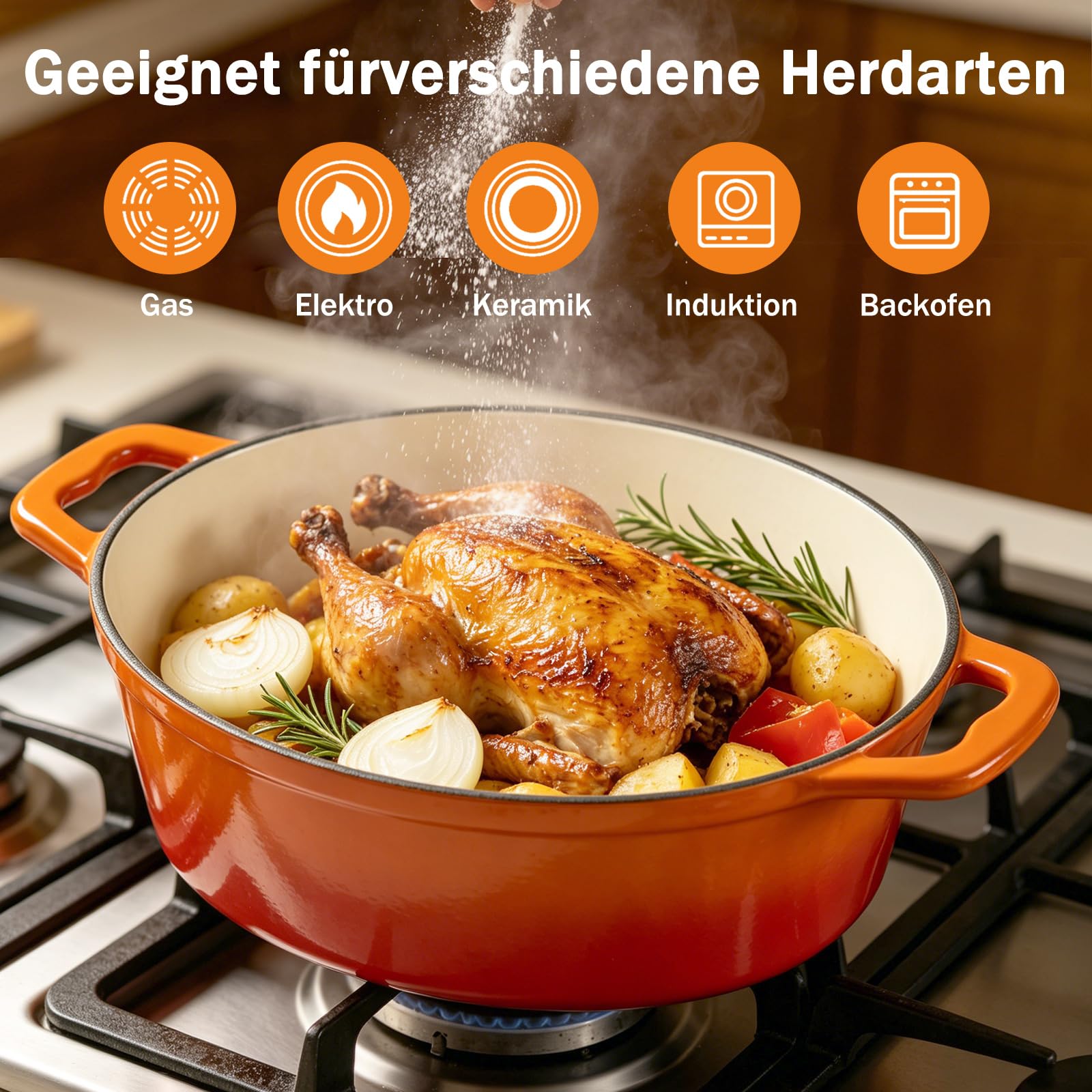 Żeliwny garnek do pieczenia z pokrywką, owalny garnek żeliwny 7,6 l, emaliowany, duży garnek do duszenia z pokrywką, do wszystkich rodzajów kuchenek indukcyjnych (pomarańczowy)