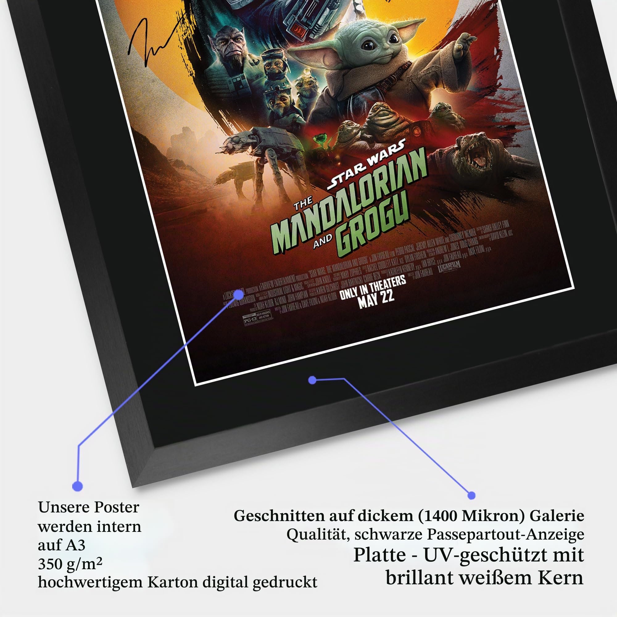 HWC Trading and Grogu Pedro Pascal Geschenke Geduckter Poster Signiertes Autogramm Foto für Fans von Film Memorabilien - A3 Gerahmt (ID-009324)