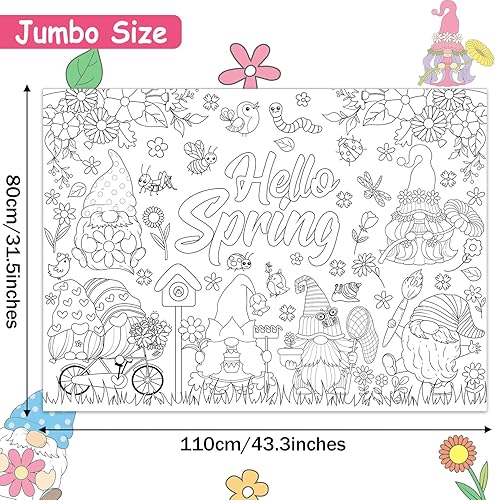 Miniatura 2 de Póster gigante para colorear Hello Spring Gnomo, cubierta de mesa de gnomo de primavera, mantel de vacaciones de primavera, flores, gnomo, libro