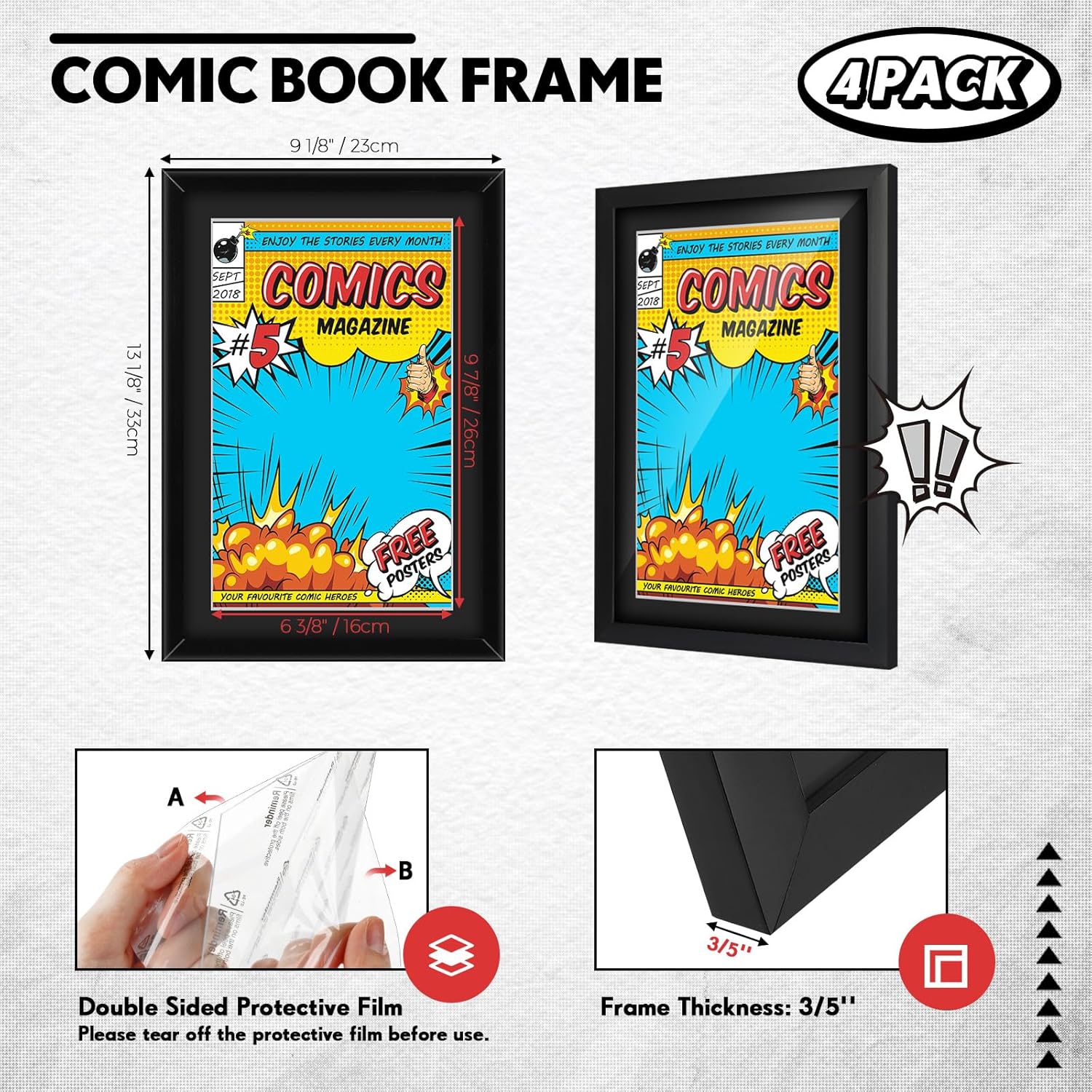Geetery 4 Pack Comic Book Frame for Wall, UV Protection Comic Picture Magazine Frames Fits Current up to 6 3/4 x 10 1/4, Wall or Tabletop Display with Spring Clips Installed Hangers(Black Mat)