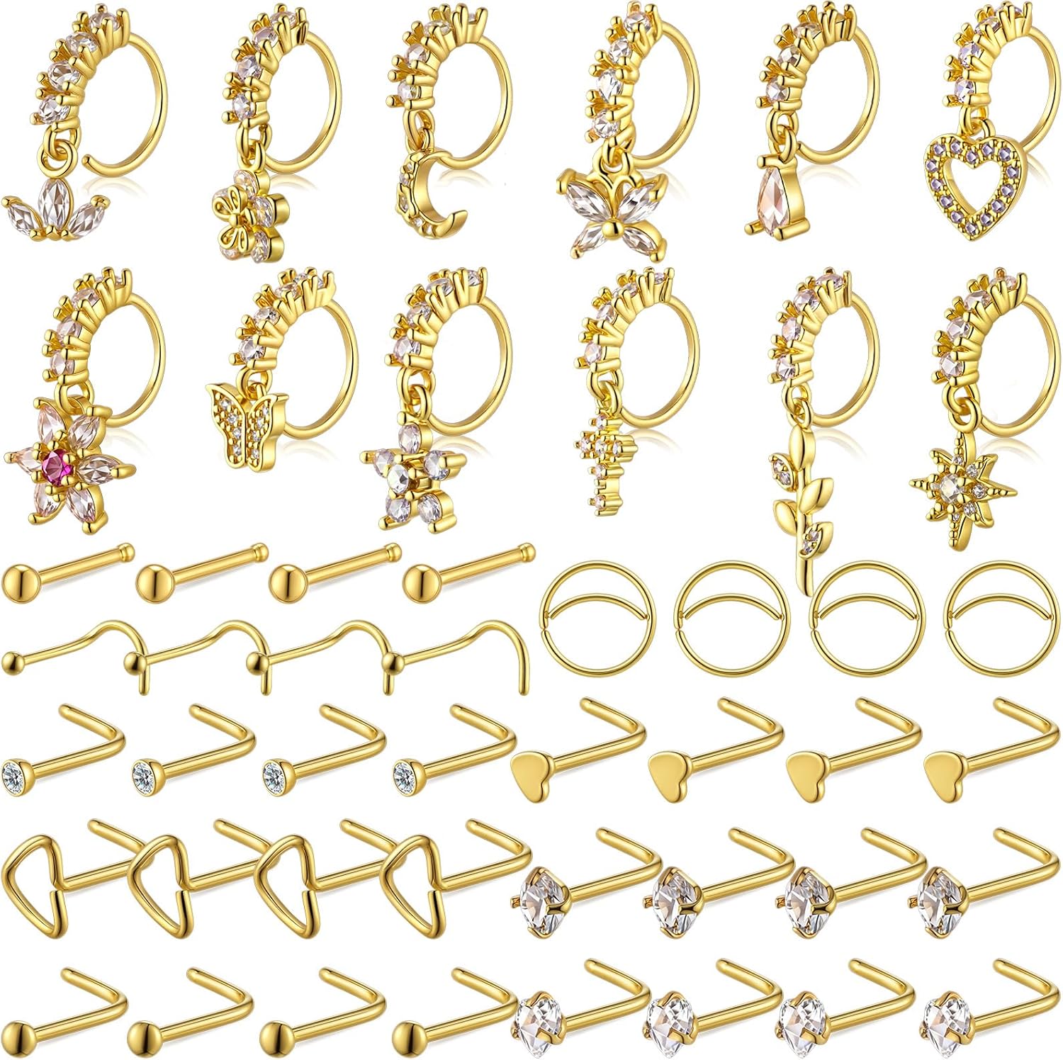 48 Pcs L Shaped Gold Dangle Nose Rings Hoop for Women, Dangling Cute Nose Studs Stainless Steel Piercing Jewelry