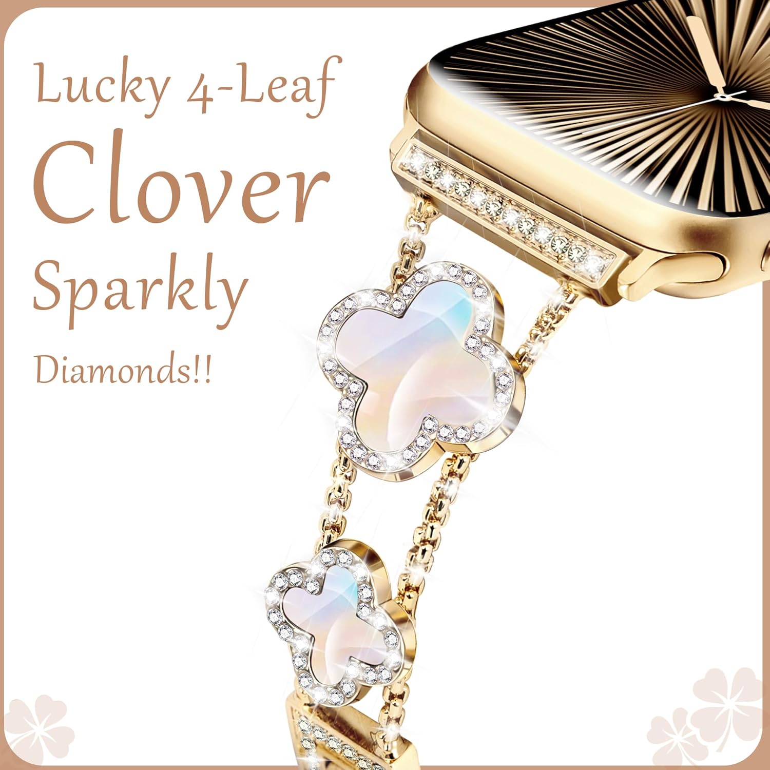 wipalor Four-Leaf Clover Band Fit Bling Apple Watch Bands for Women 42mm 41mm 40mm 38mm, Thin Metal Sparkly iWatch Bands Slim Glitter for iPhone Watch Bands Series 11 10 9 8 7 6 5 4 3 2 1 SE-Gold - Image 2