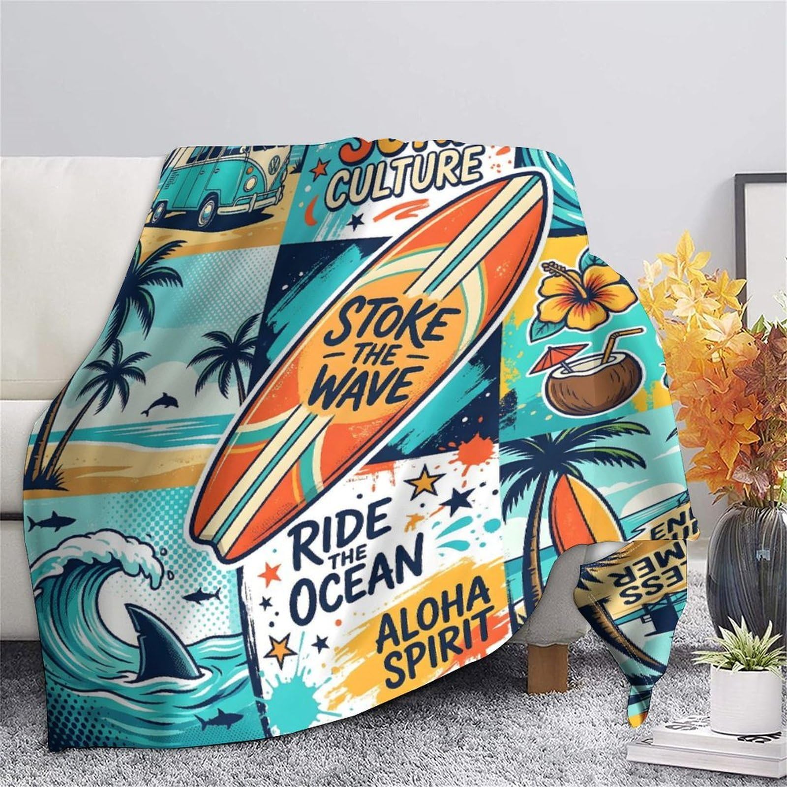 Autocollants représentant la Culture Surf. Jeté De Canapé Imprimé 3D, Premium Microfibre Couverture 80x90inch(200x230cm), Plaid Ultra Doux Respirant pour Hommes Femmes Adultes