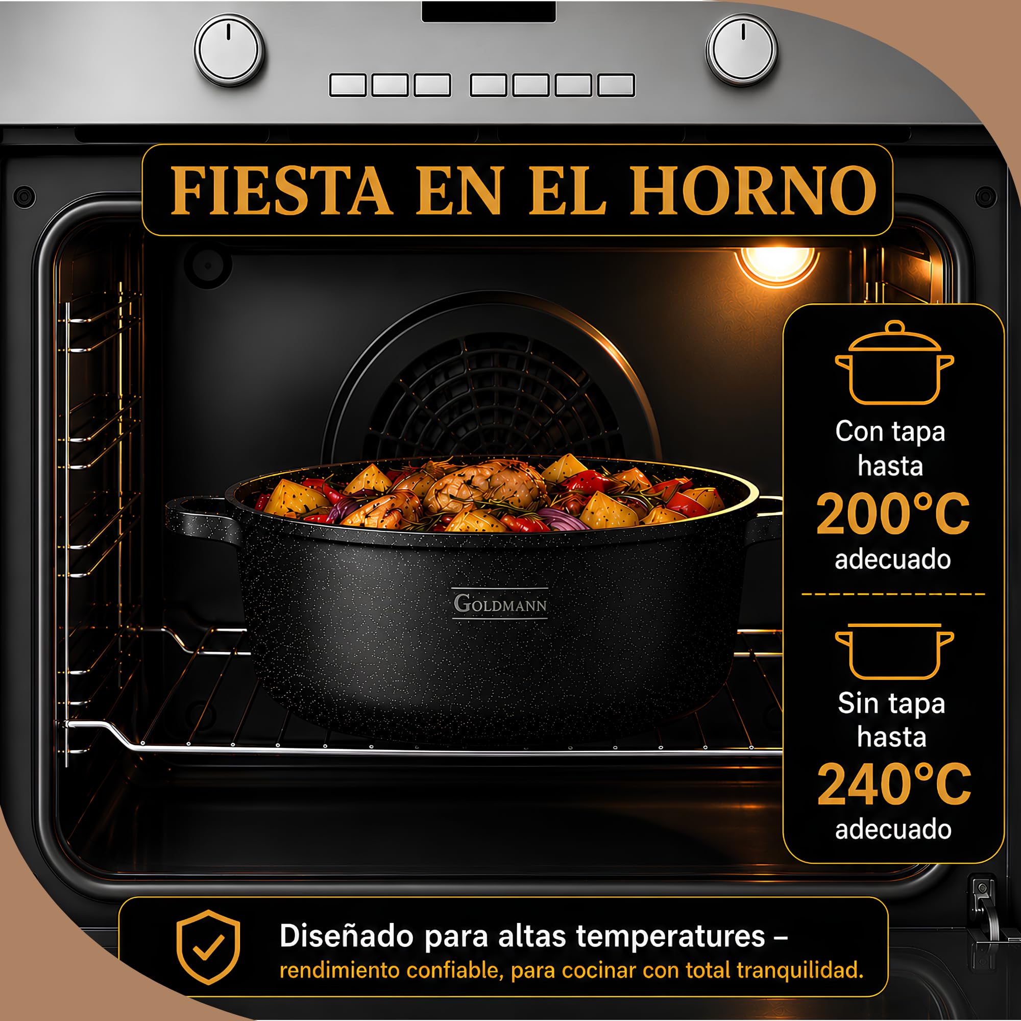 Olla cocina aluminio fundido GOLDMANN, 28 cm - 6.5 L, con revestimiento antiadherente de mármol cerámico, tapa de vidrio, apta para inducción y todo tipo de cocinas, apta para horno y libre de PFOA.