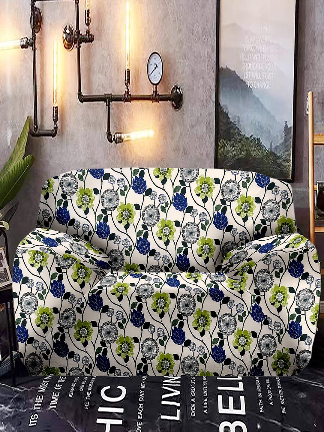 Cortina Single Seater Sofa Cover | Floral Print | 100% Polyester Spandex Fabric | Couch Covers, Machine Washable | Suitable for Home, Office, Birthday, Anniversary, & More | High Stretch | Blue&Green-image-31