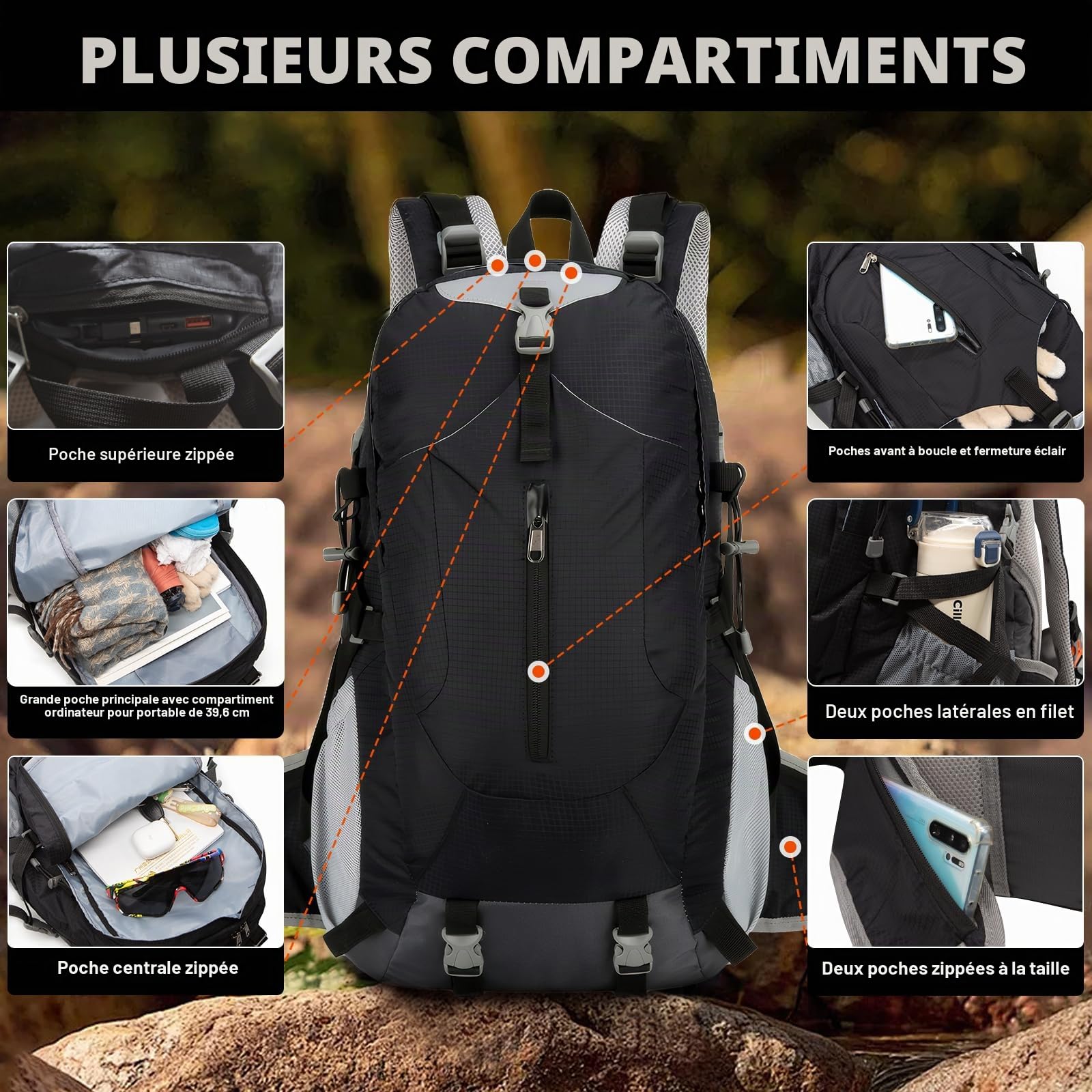 Long Keeper 40L Sac a Dos Randonnee Homme Femme Leger Sac à Dos Imperméable Grande avec Housse de Pluie Sac à Dos Voyage Trekking pour Alpinisme Escalade Sport