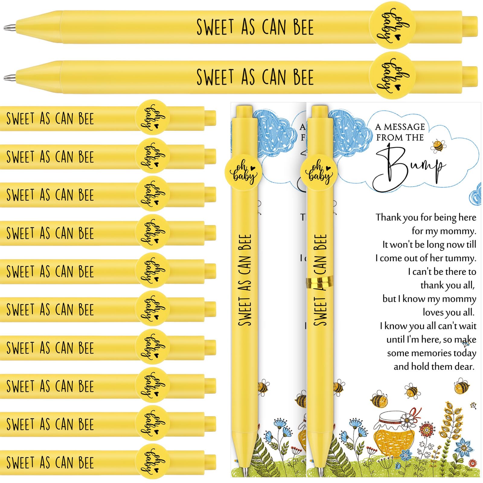 Sayglossy 25 Sets Sweet Bee Theme Gifts for Baby Shower Bee Ballpoint Pens with Greeting Card Return Gifts for Baby Shower Guest Gender Reveal