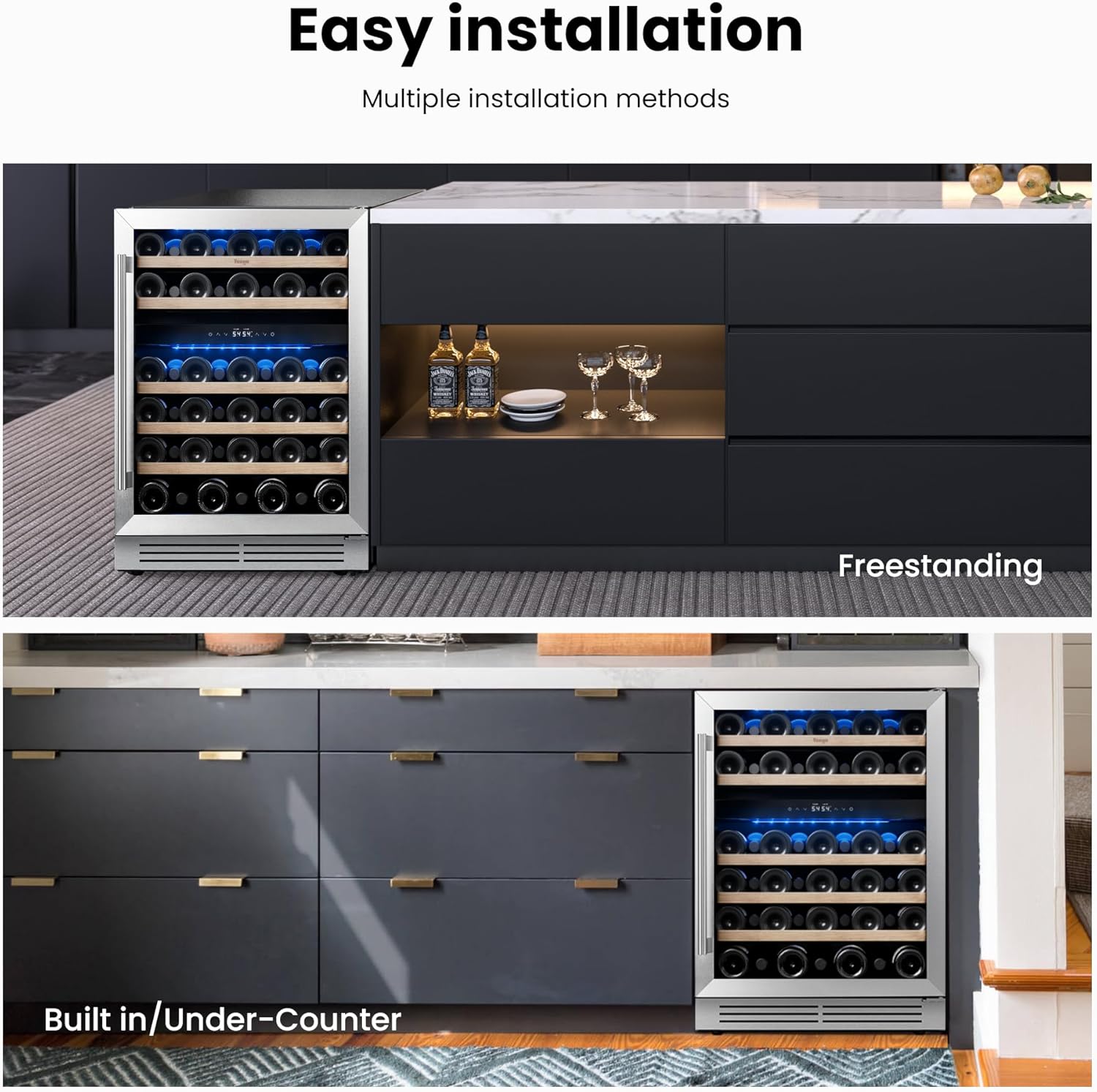 Yeego Wine Fridge Cooler - 24 Inch Dual Zone Wine Fridge Hold 52 Bottles, 40-65°F Wine Refrigerator Glass Door, Built in Fridge, Freestanding Adjustable Shelves Fridge for Beer Soda Drink Home Bar