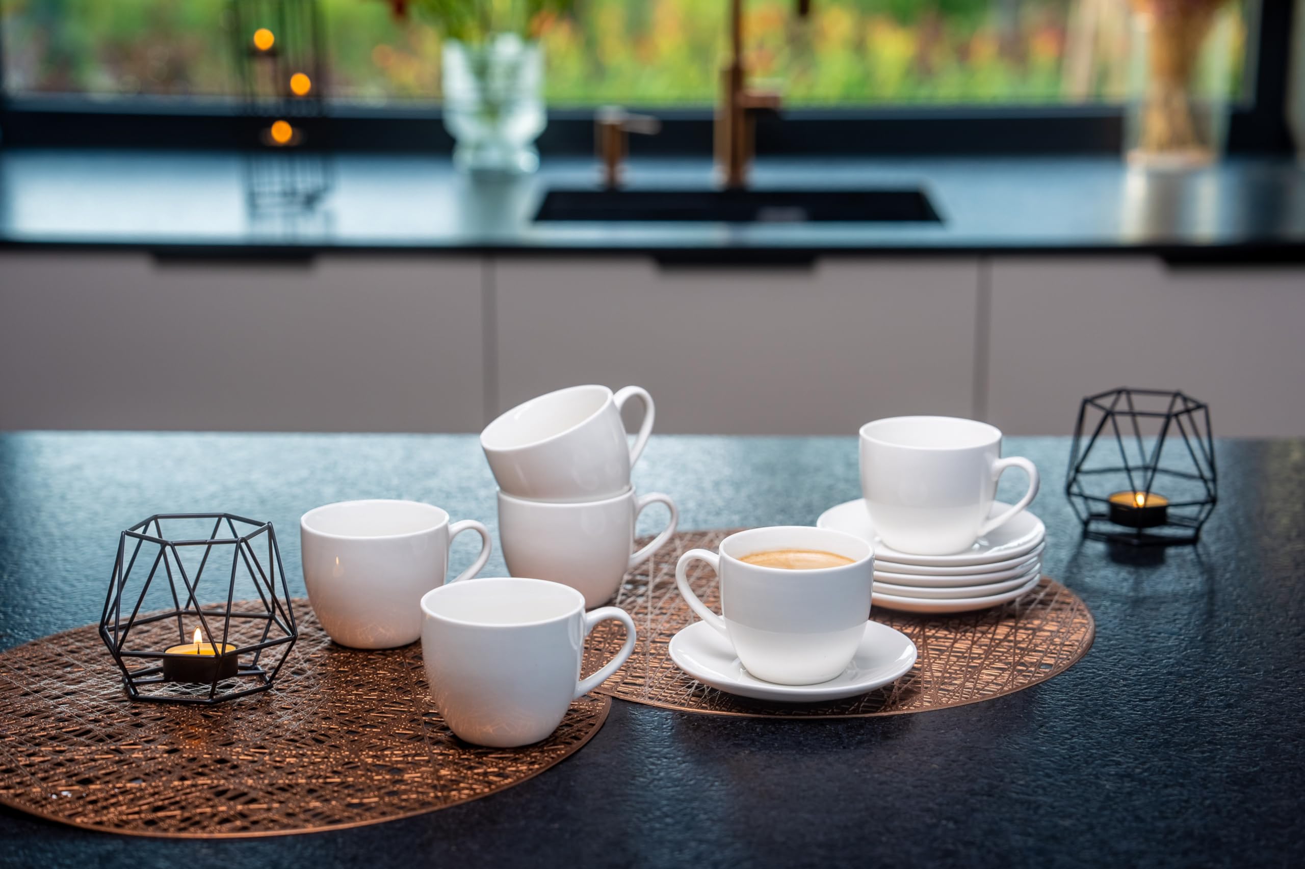Livello Amalfi Zestaw Filiżanek do Kawy 250 ml – 6 x Filiżanka + 6 x Spodek (12 el.) | Biała Porcelana Premium | Duże Filiżanki do Kawy i Herbaty | Elegancki Komplet na 6 Osób | Zmywarka