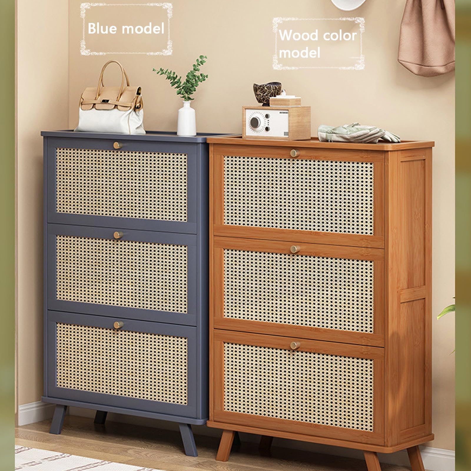Mobiletto Porta Scarpe in Legno con 3 cassetti a ribalta, capacità 18-24 Paia, Ideale per Ingresso, Camera da Letto, Appartamento, Dimensioni 67x25x113 cm, Colore Legno.