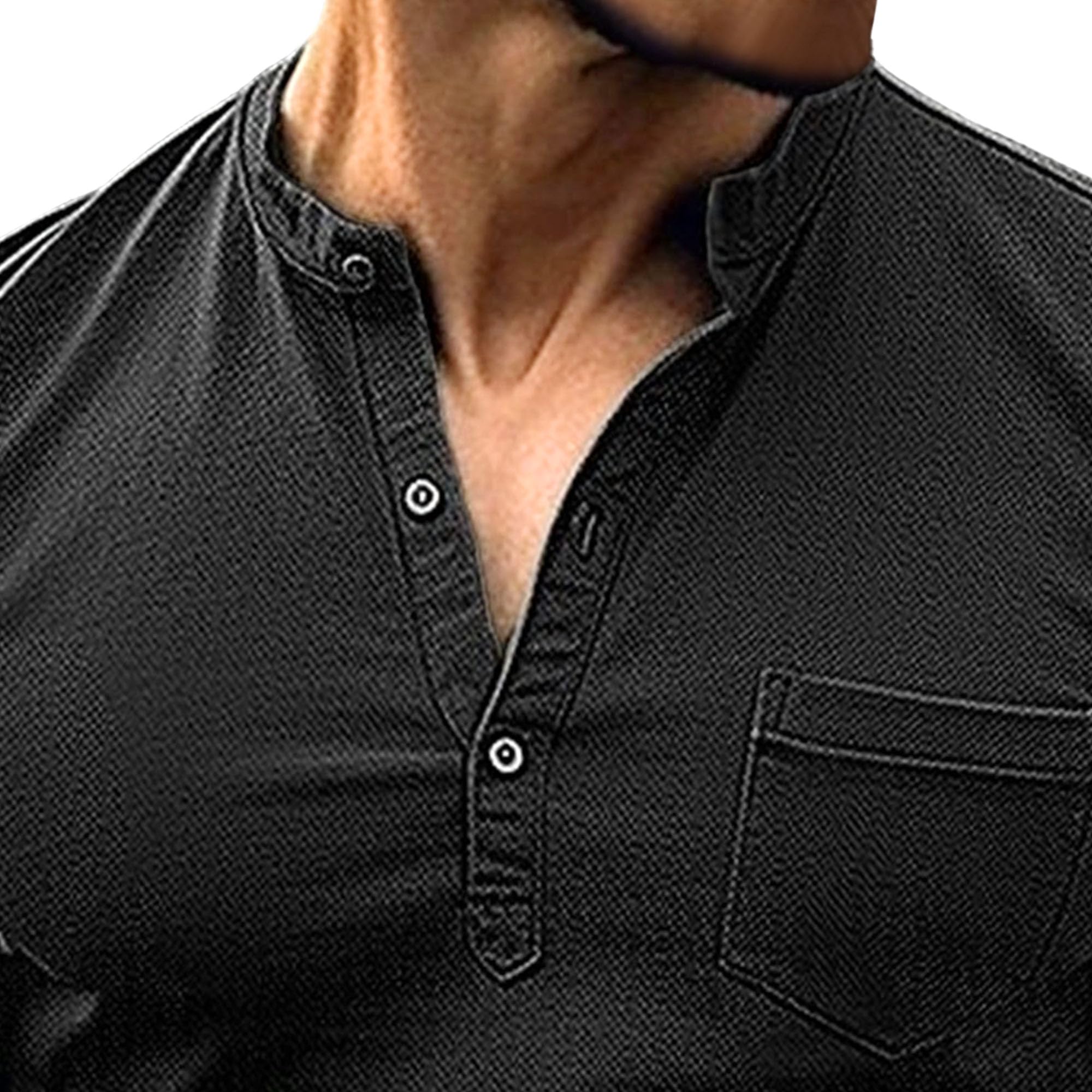 Men Quarter Button Short Sleeve Henry Shirts Trendy Street Stand Collar T Shirt Summer Slim Fit Casual Pullover Tops (Black,3X-Large)
