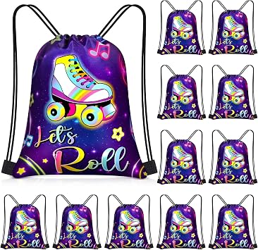 Censen 24 Pcs Roller Skate Party Favor Drawstring Bags Bulk 12 x 10 Inches Skating Goodie Treat Gift Bag for Birthday Party