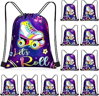 Censen 24 Pcs Roller Skate Party Favor Drawstring Bags Bulk 12 x 10 Inches Skating Goodie Treat Gift Bag for Girl Boy Birthday Party