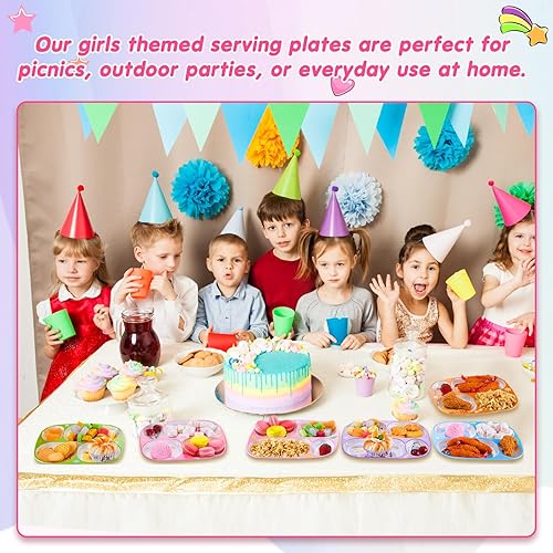 Miniatura 6 de Hushee 6 platos de melamina de 9.4 x 8.2 pulgadas para niños y niñas, platos divididos de plástico para servir unicornio, princesa, sirena,