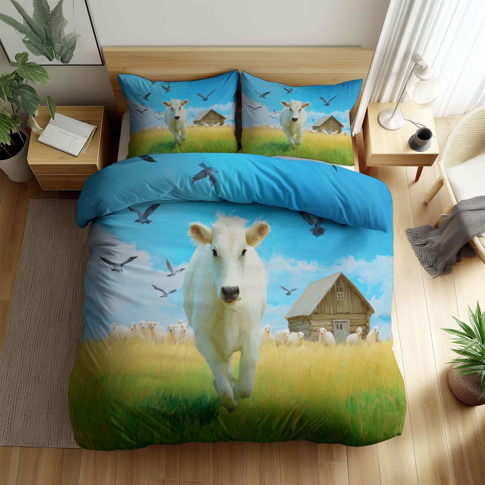 Housse de couette luxe ferme et vaches en microfibre premium 90x190 cm