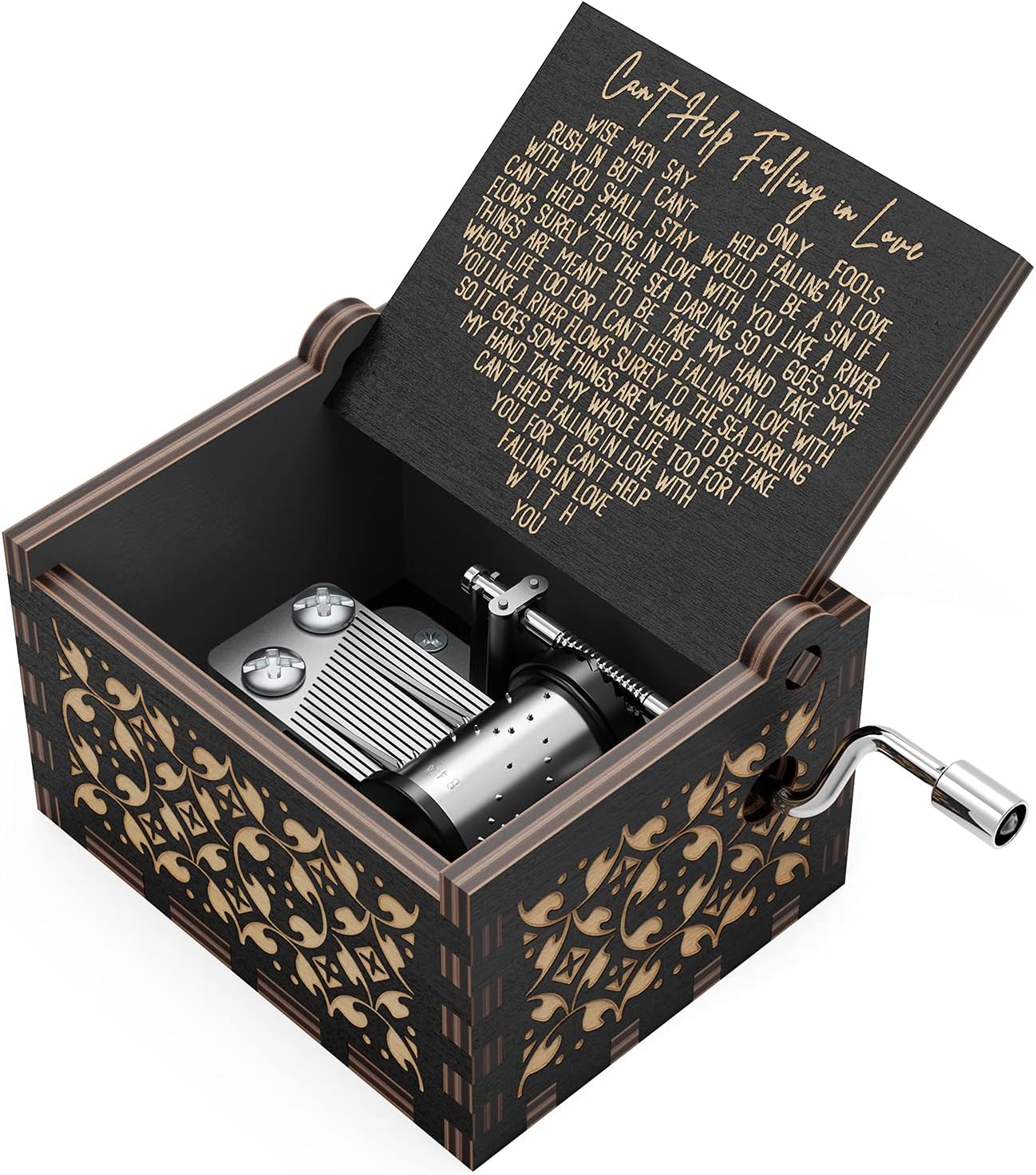 Huntmic Can't Help Falling in Love Wood Music Box, Antique Engraved Musical Boxes Case for Birthday Present Kid Toys Hand-Operated (Black)