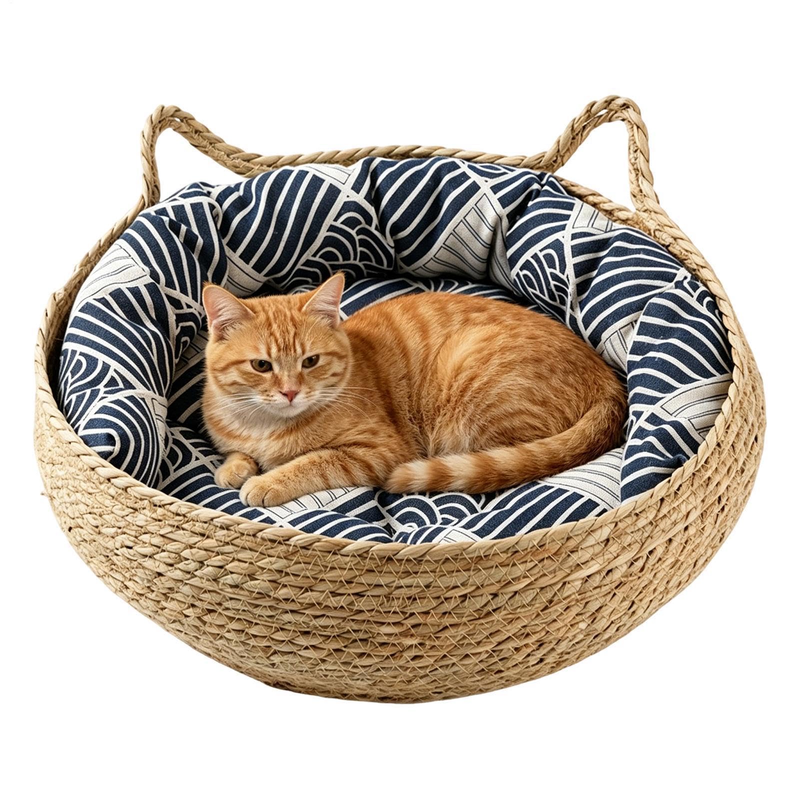 Cesta cama para gatos con cojín lavable y nidos portátiles naturales para dormir en casa