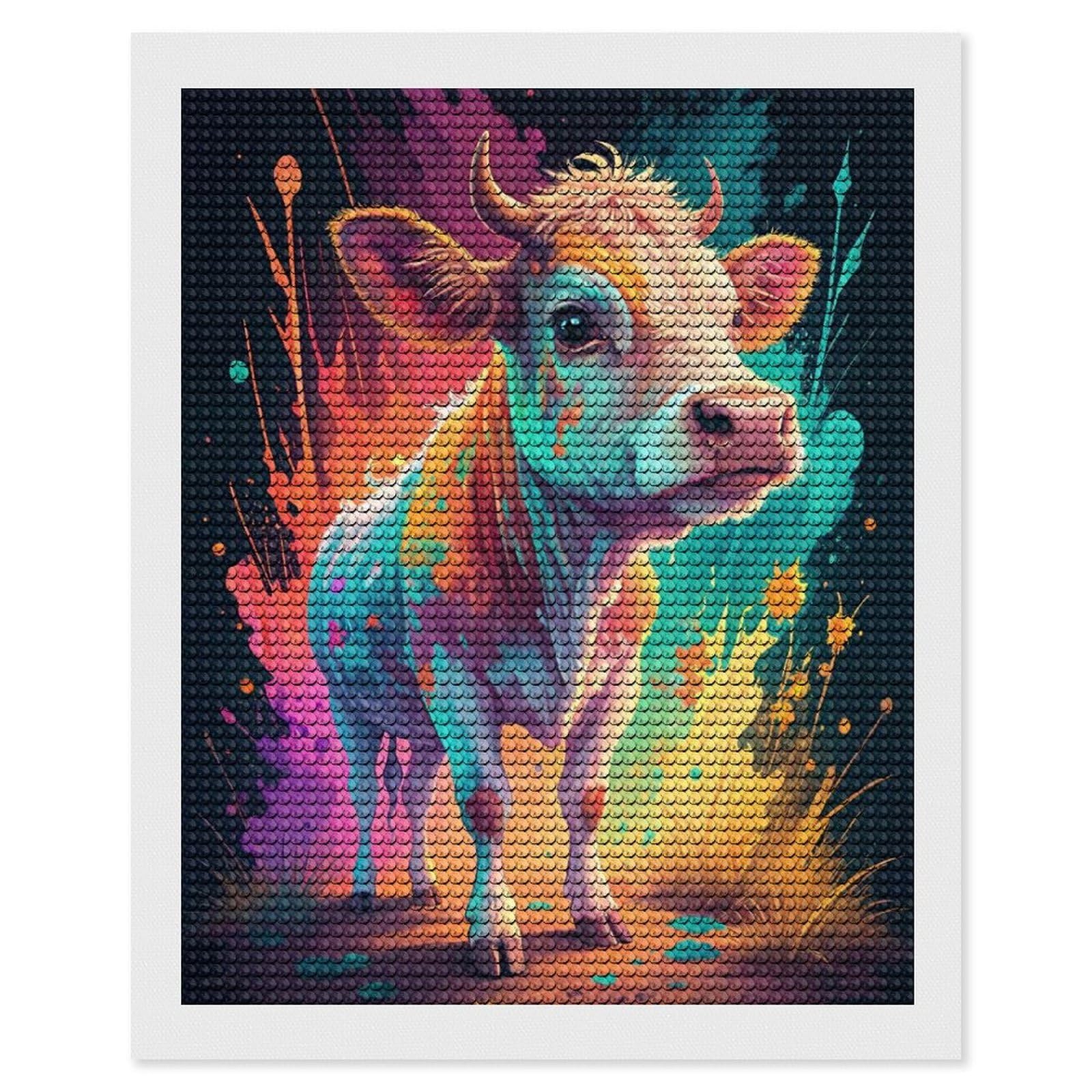 Junmoney Colorful Cow with Splattered Paint Round Drill Diamond Painting 16"x20", Satisfying Creative Project, Complete Accessories, Printed Canvas