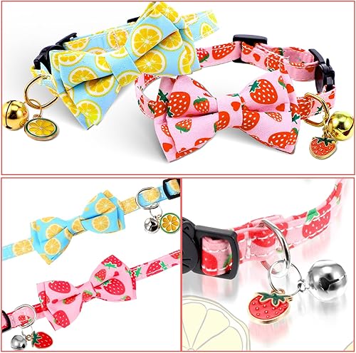 Ouligay 2PCS Breakaway Cat Collars for Girl Cats with Bow Tie Bell Lemon Strawberry Cat Bowtie Collar Cute Adjustable Kitten Collars for Male Female Cats