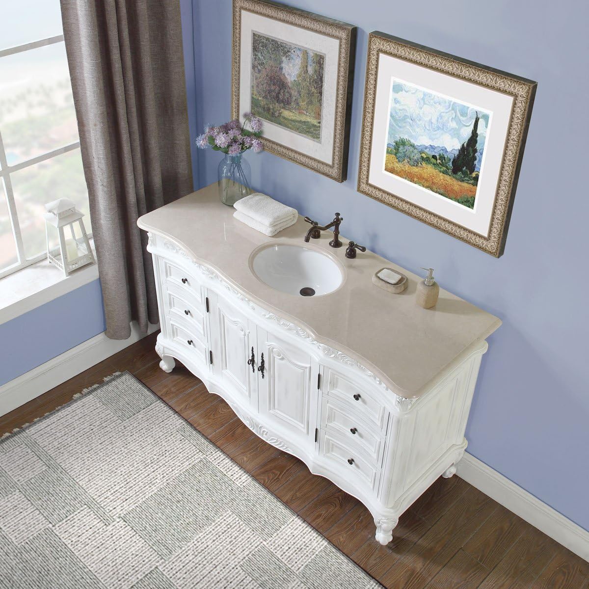 Buy Silkroad Exclusive Jb 0273 Cm Uwc 60 Countertop Marble Single Sink Bathroom Vanity With White Oak Finish Cabinet