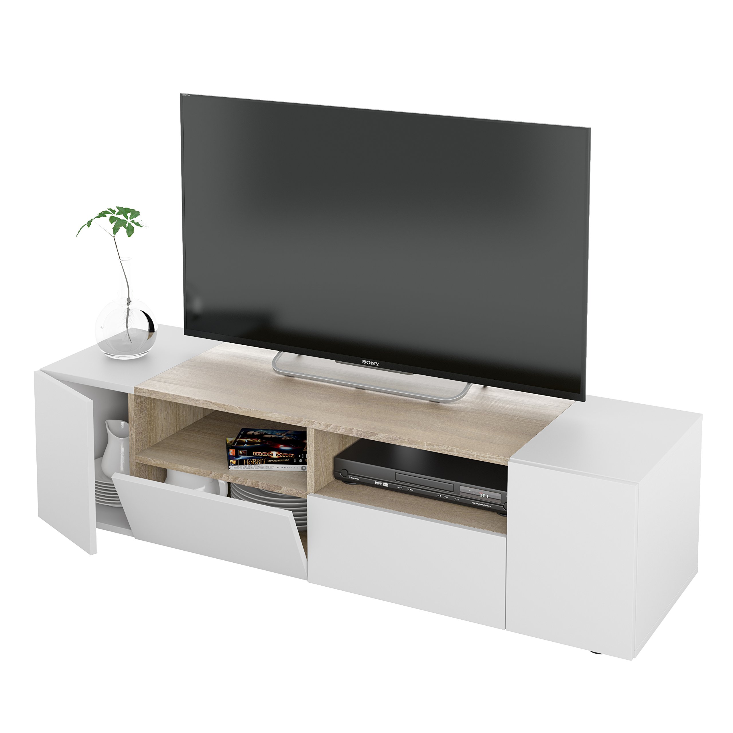 Dmora Mobile Basso TV 4 Ante-Legno cm. 138 x 36 x 42, Bianco e Rovere, 400