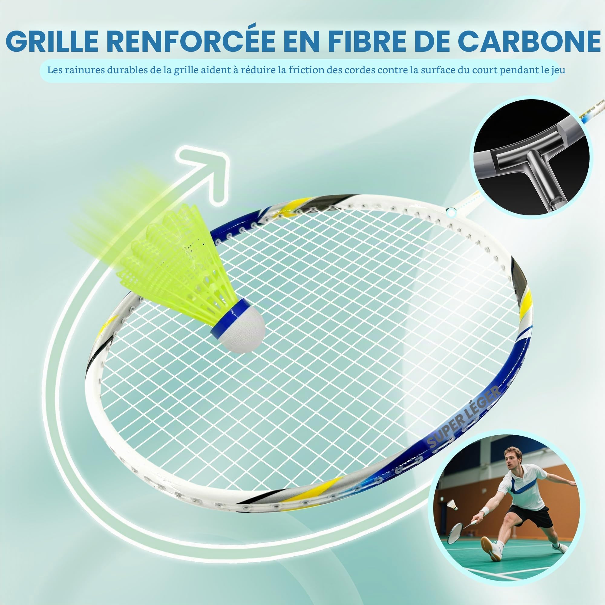 Senston Set de Raquettes Badminton en Graphite, Ultra Légères Badminton Rackets avec T-Joint Intégré, Inclus 2 Volants, 2 Surgrips, 1 Sac, Idéal Débutant, École, Loisir Intérieur/Extérieur