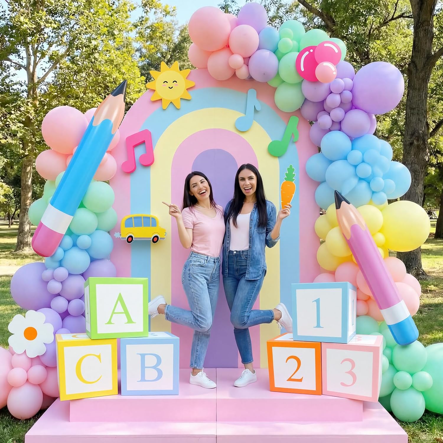 Moukeren 23 Pcs Large English Teacher Party Decor Kit Backdrop, 12 Cutouts, 4 Pencil Balloons 6 ABC Paper Blocks for Cartoon Girls Birthday Party Supplies Cartoon Themed Events