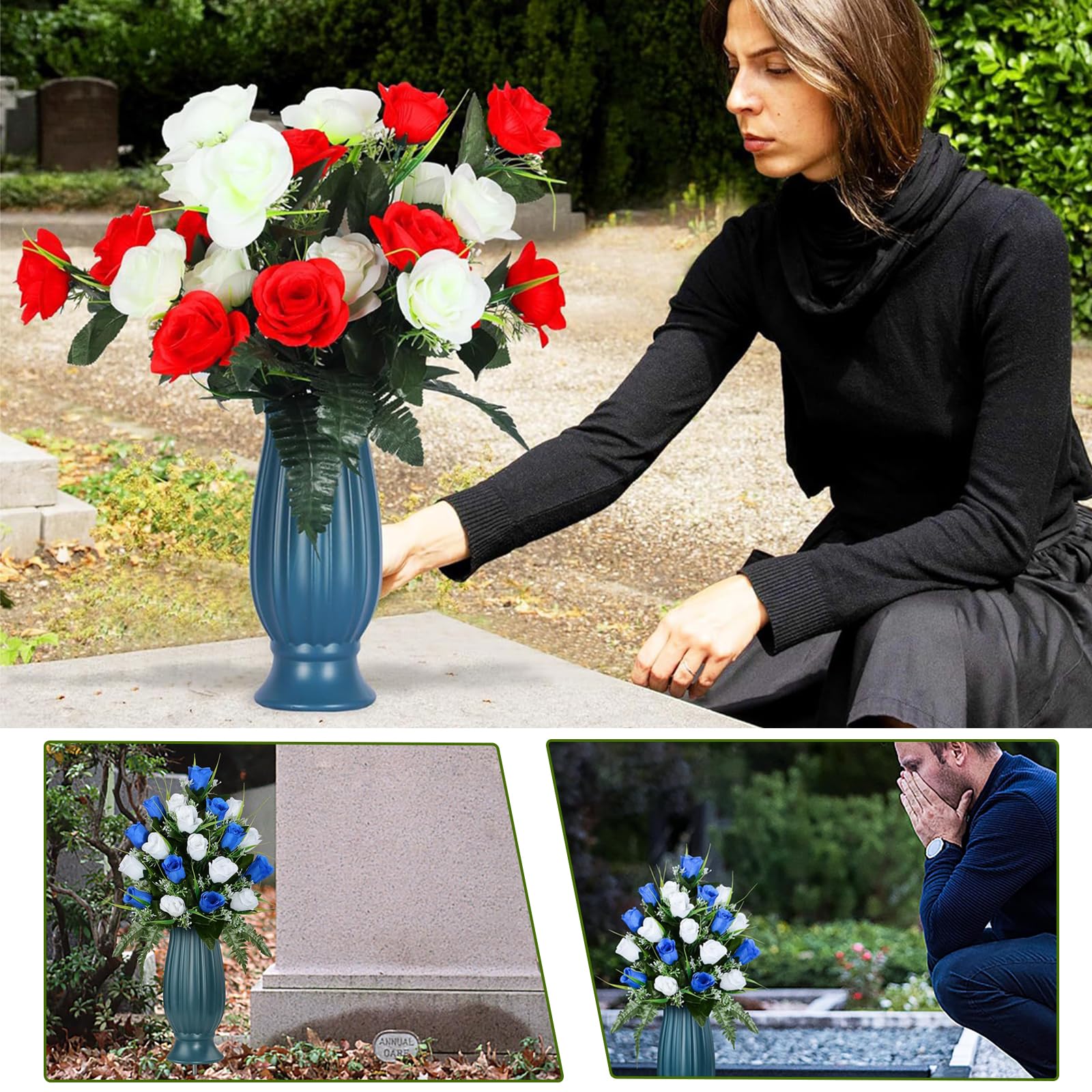 2er Set Grabvasen Mit Spikes - Graue Kunststoff-Blumenhalter Für Friedhof