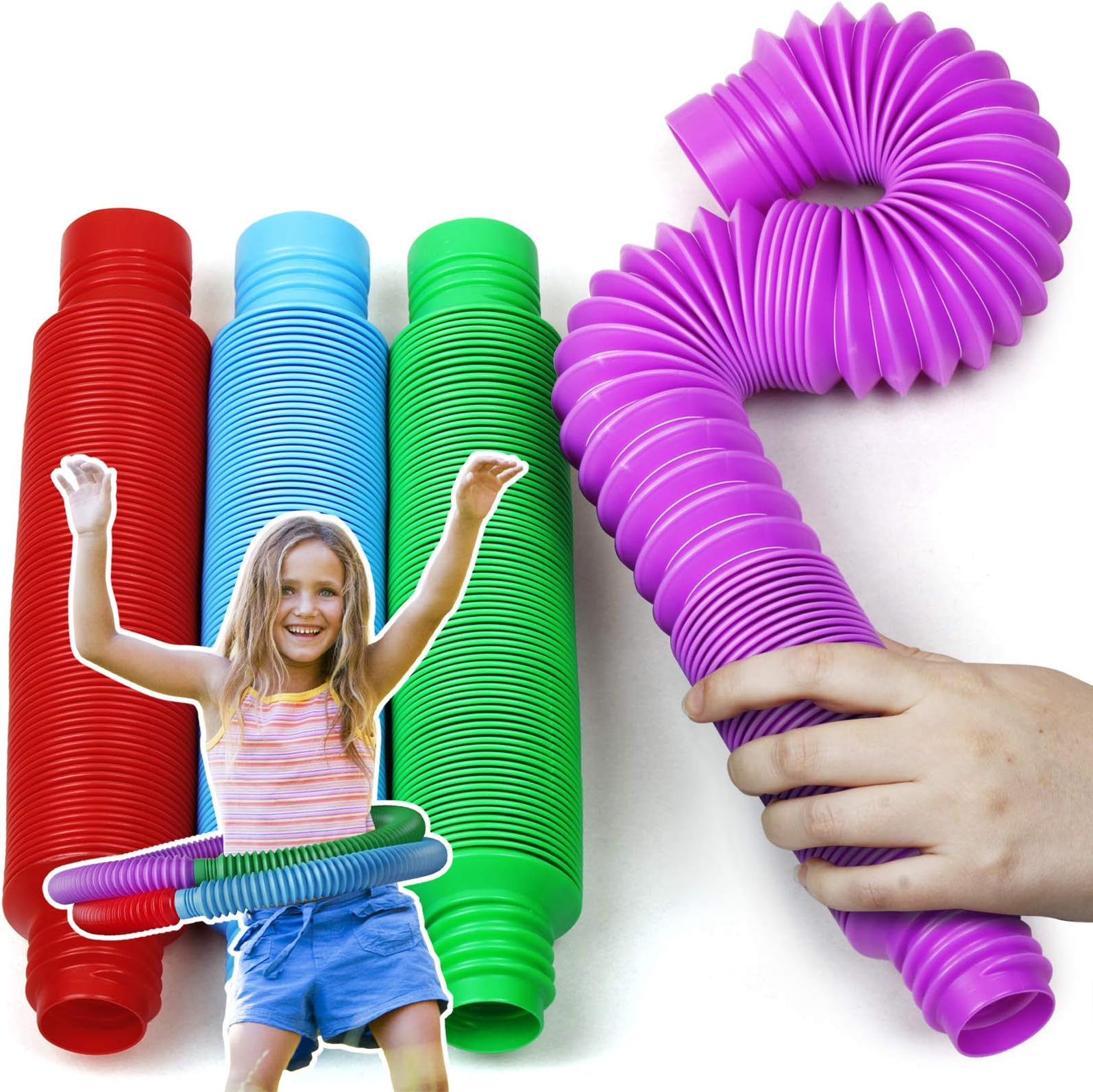 BunMo XL Pop Tubes Sensory Toys 4pk, Fine Motor Skills Toddler Toys, Fidget Toys for Sensory Kids and Learning Toys