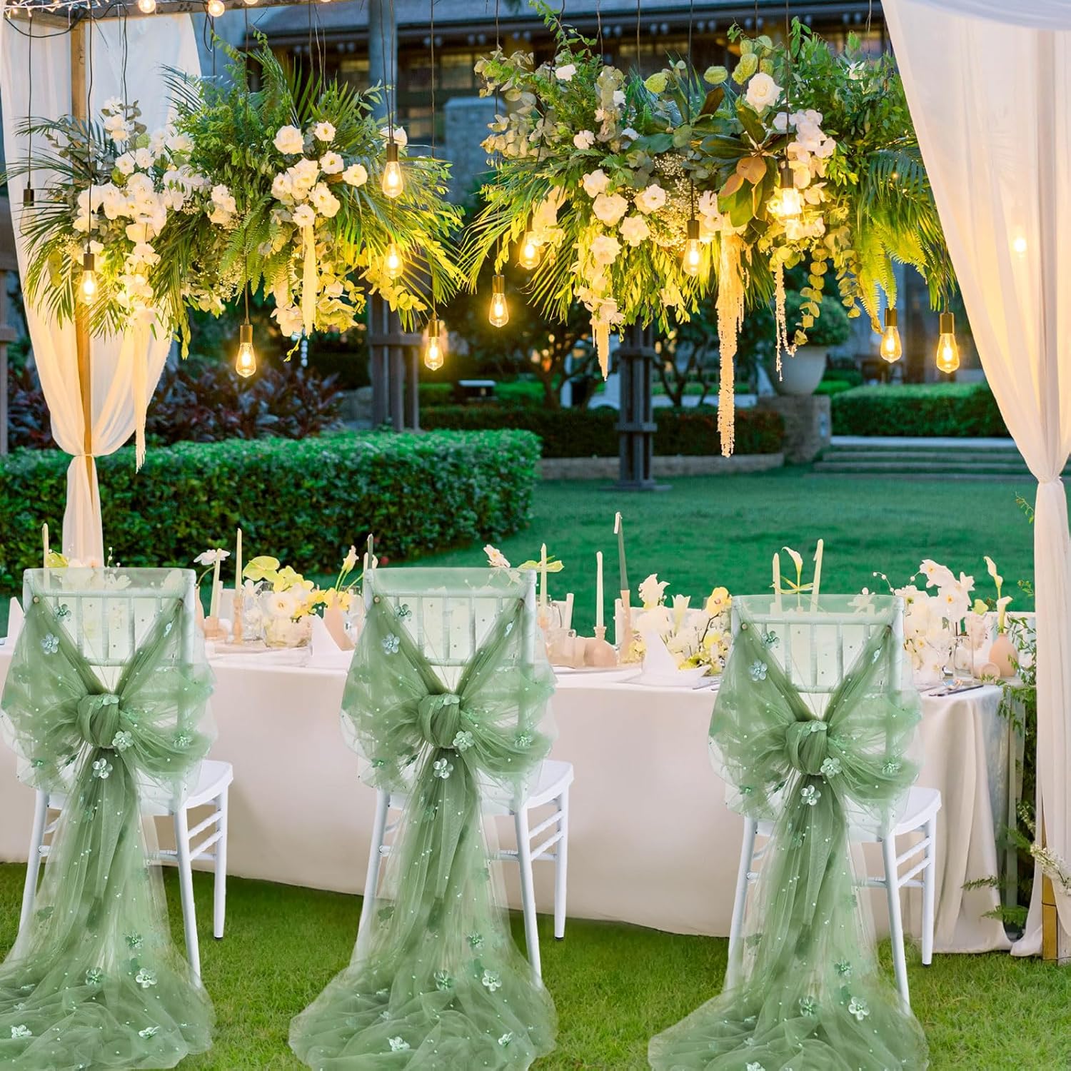 LuoluoHouse Sage Green Pearl Tulle Tablecloths: Set of 3 10ft Green Flower Pearl Tulle Fabric Wedding Lace Tablecloths Arch for Bridal Shower Veil Baby Shower Sweetheart Table Decorations