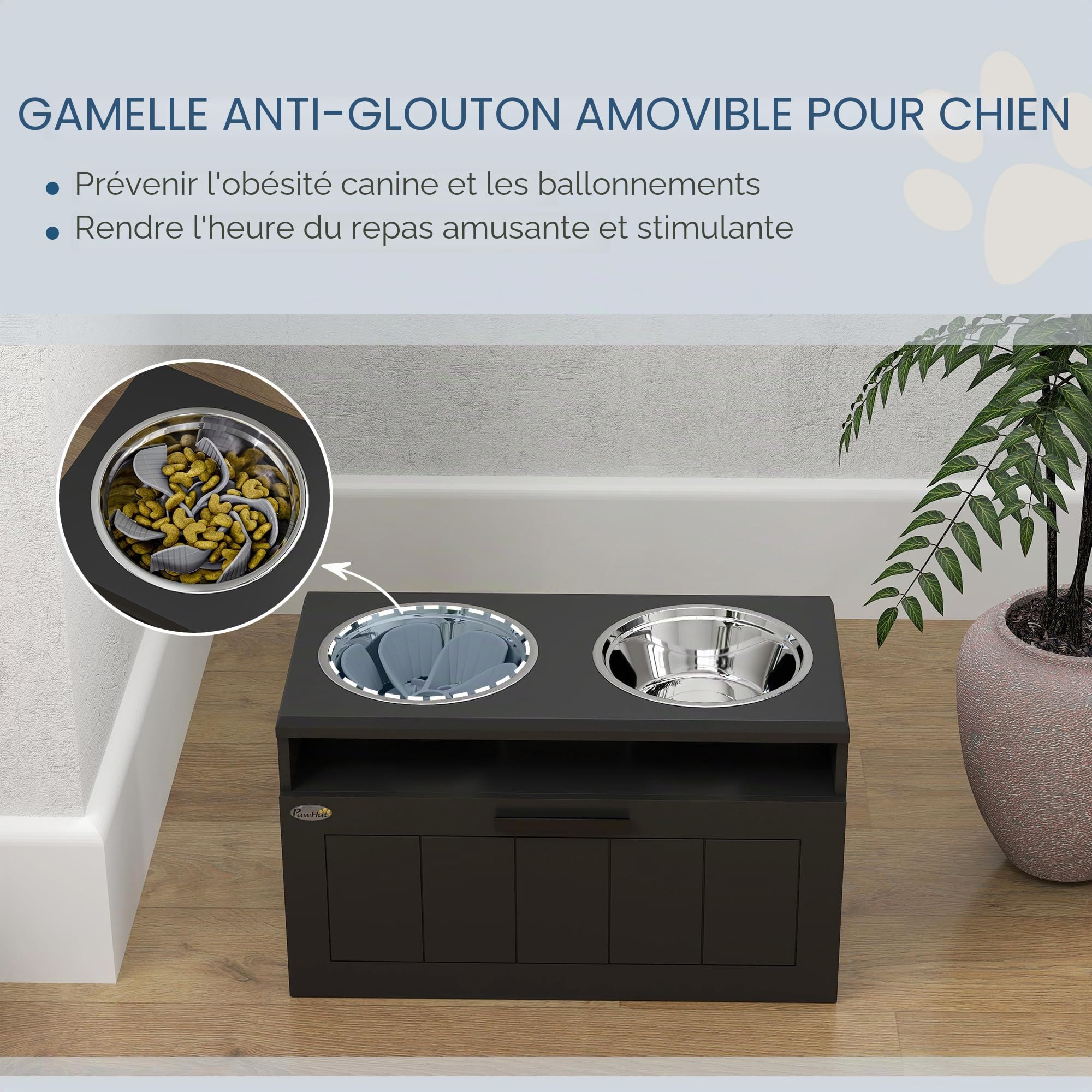 PawHut Gamelle surélevée pour chien avec alimentation lente, deux gamelles en acier inoxydable, tiroir, pour chiens de grande et très grande taille, noir