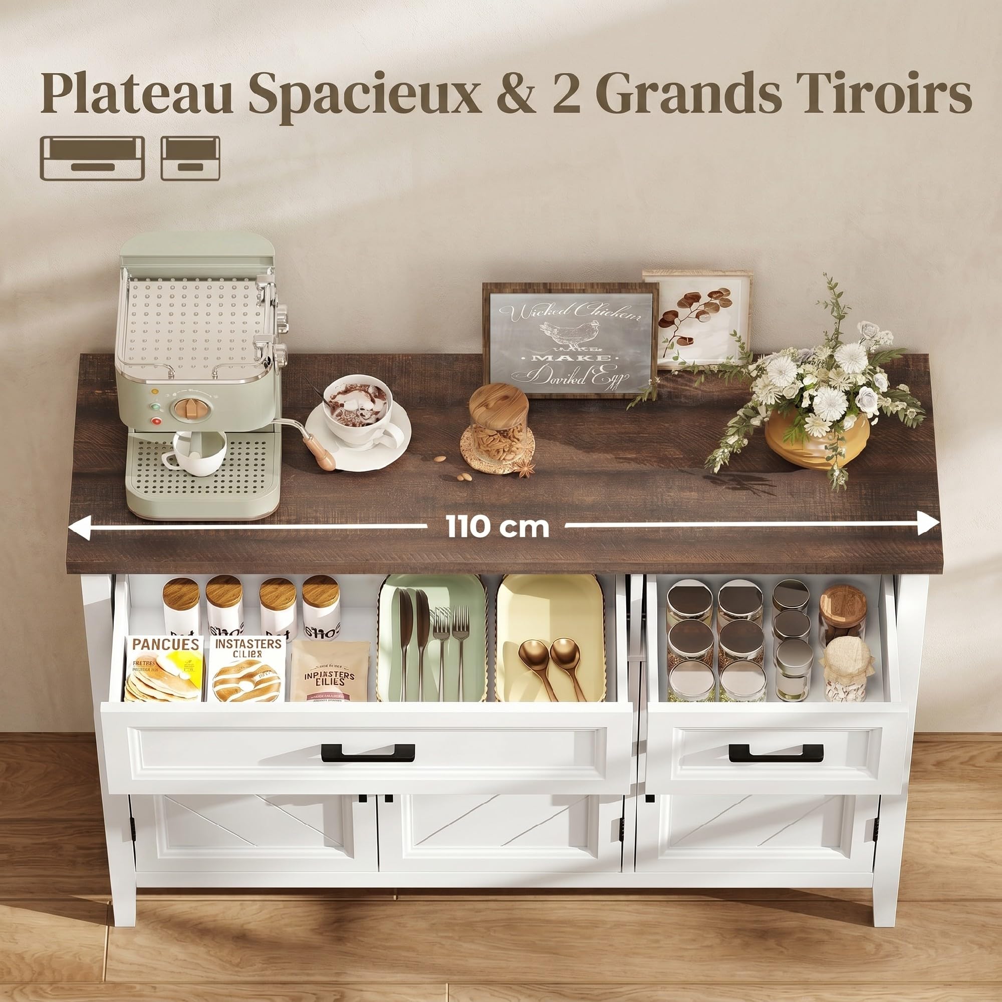 HOMCOM - Aparador para salón (2 cajones, 2 estantes ajustables, 110 x 35 x 80,5 cm), color blanco | Mueble de almacenamiento, 3 puertas de Chevron, estilo rústico, aparador comedor, cocina