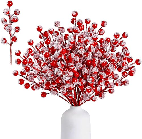 30 Pack Natural Artificial Holly Snowy Berries Wire Stems for