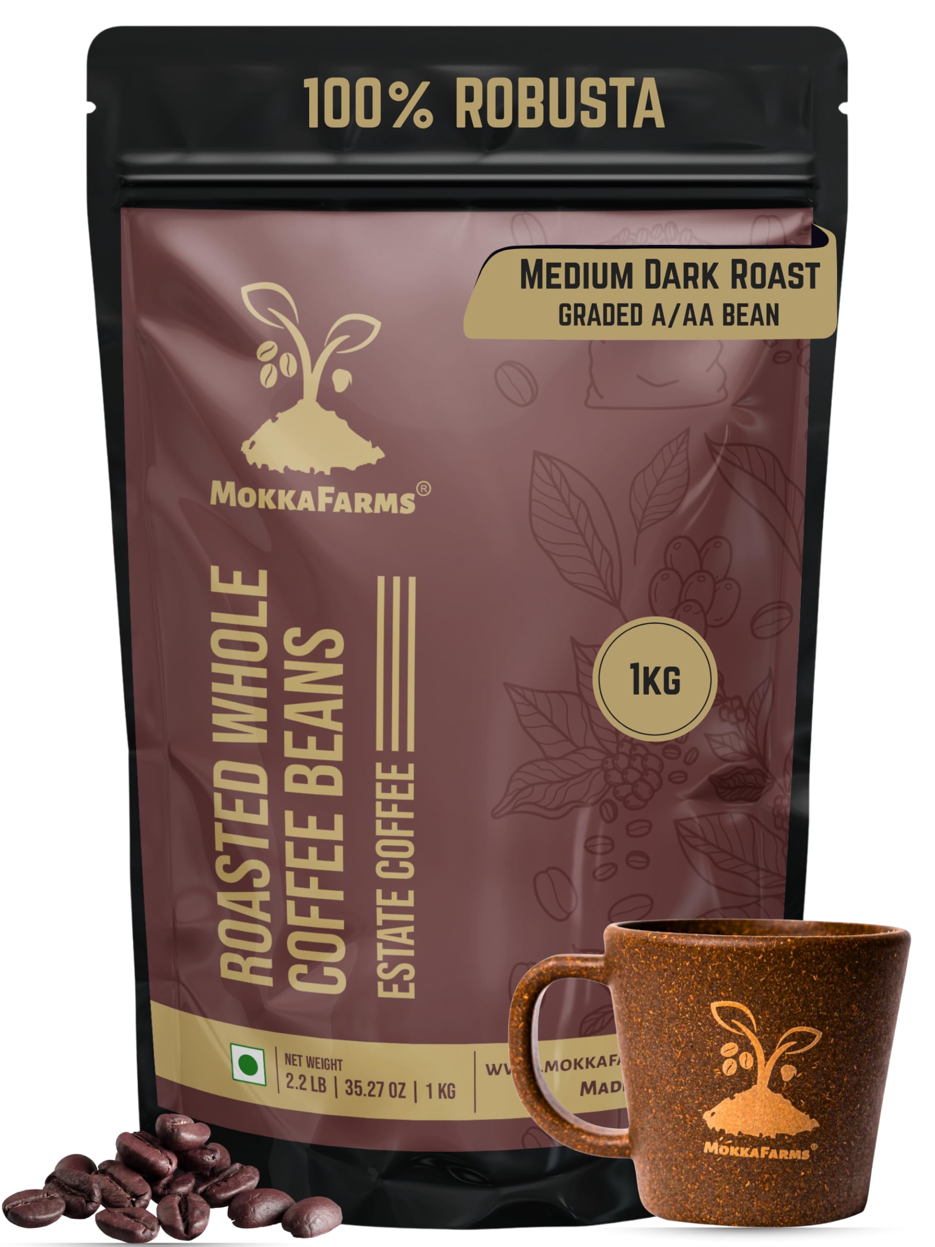 Roasted Whole Coffee Beans 1 Kg - 100% Robusta | Medium-Dark Roast, Fresh Estate Coffee | Superior Graded Bean| One Way Valve Zip-Lock Bag | 1 kg (Pack of 1) Shades of Brown