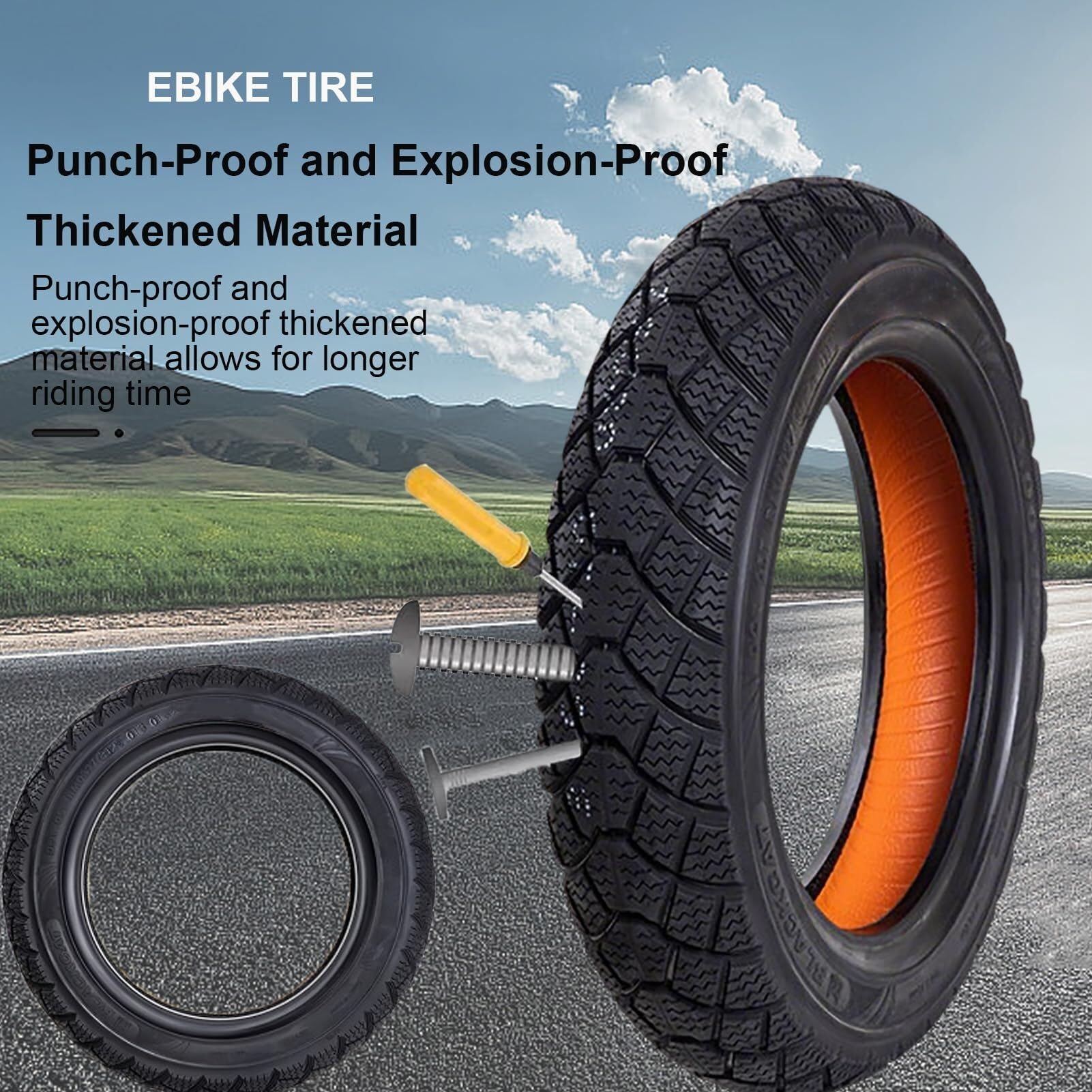 14x2.125 (57-254) Opona Rowerowa Tubeless, Odporna na Przebicia, Run-Flat, Wytrzymała Gumowa, Wzór Bieżnika All-Terrain dla E-Roweru, Skutera, Codziennego Użytku