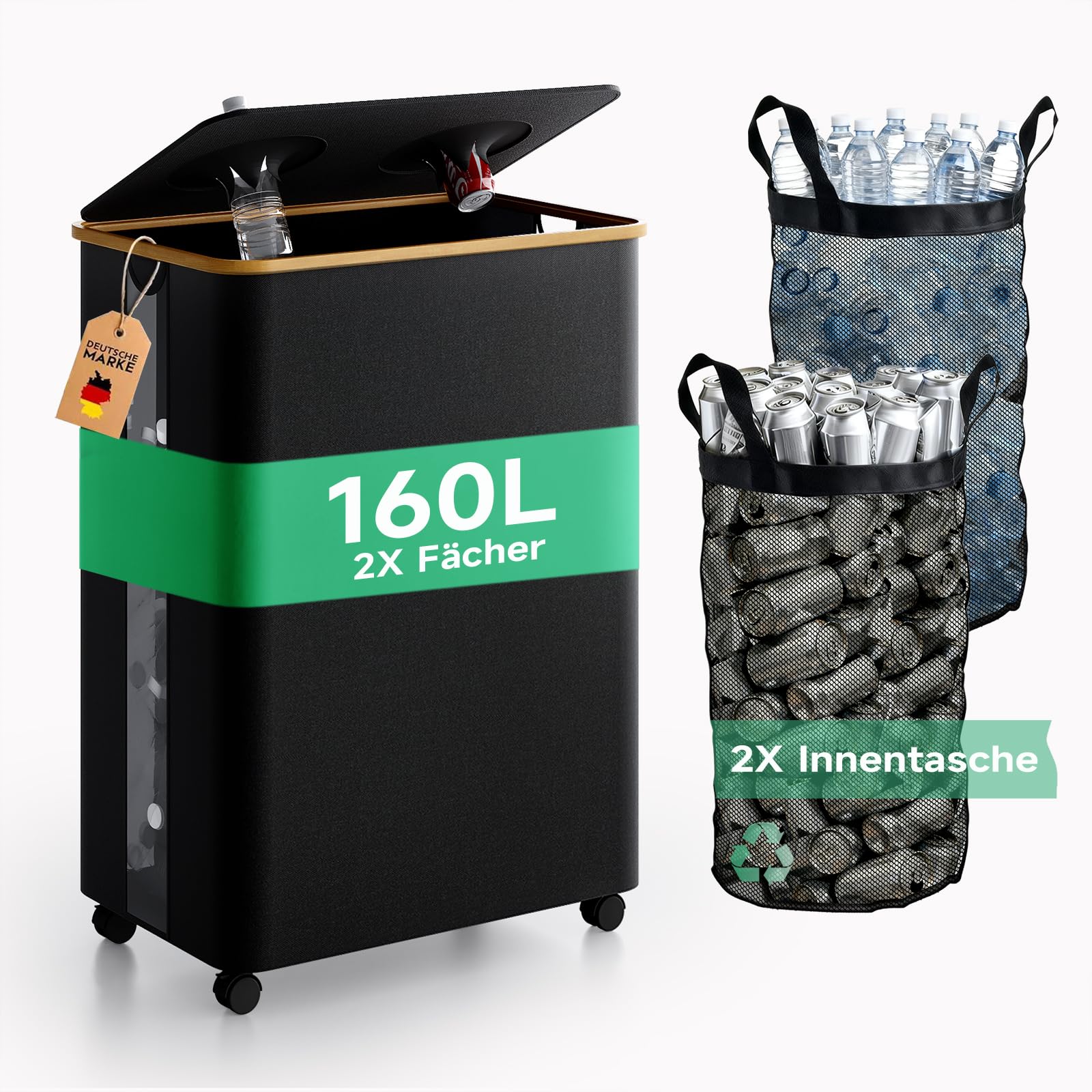 RMAN Cubo de Basura 160 L Reciclaje con Ruedas Grande, Negro | Con Tapa, 2 Compartimentos, Para Recoger Botellas Vacías, 18cm de Diámetro para Cocina, Comedor, Oficina