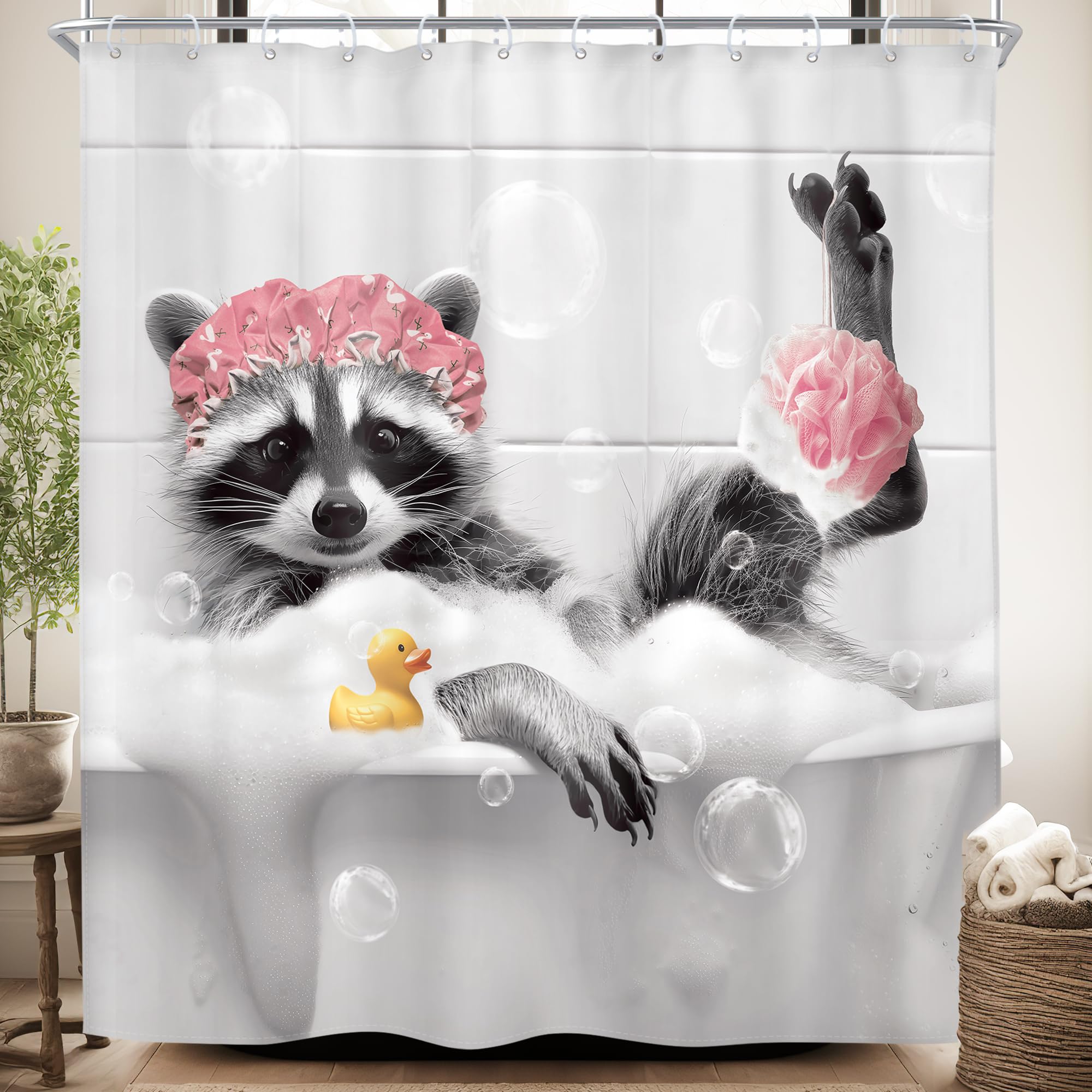 Keepitcozi Kids Rhino Shower Curtain Set - Grey/White Cartoon Animal, Waterproof 71"x71", Includes 12 Hooks