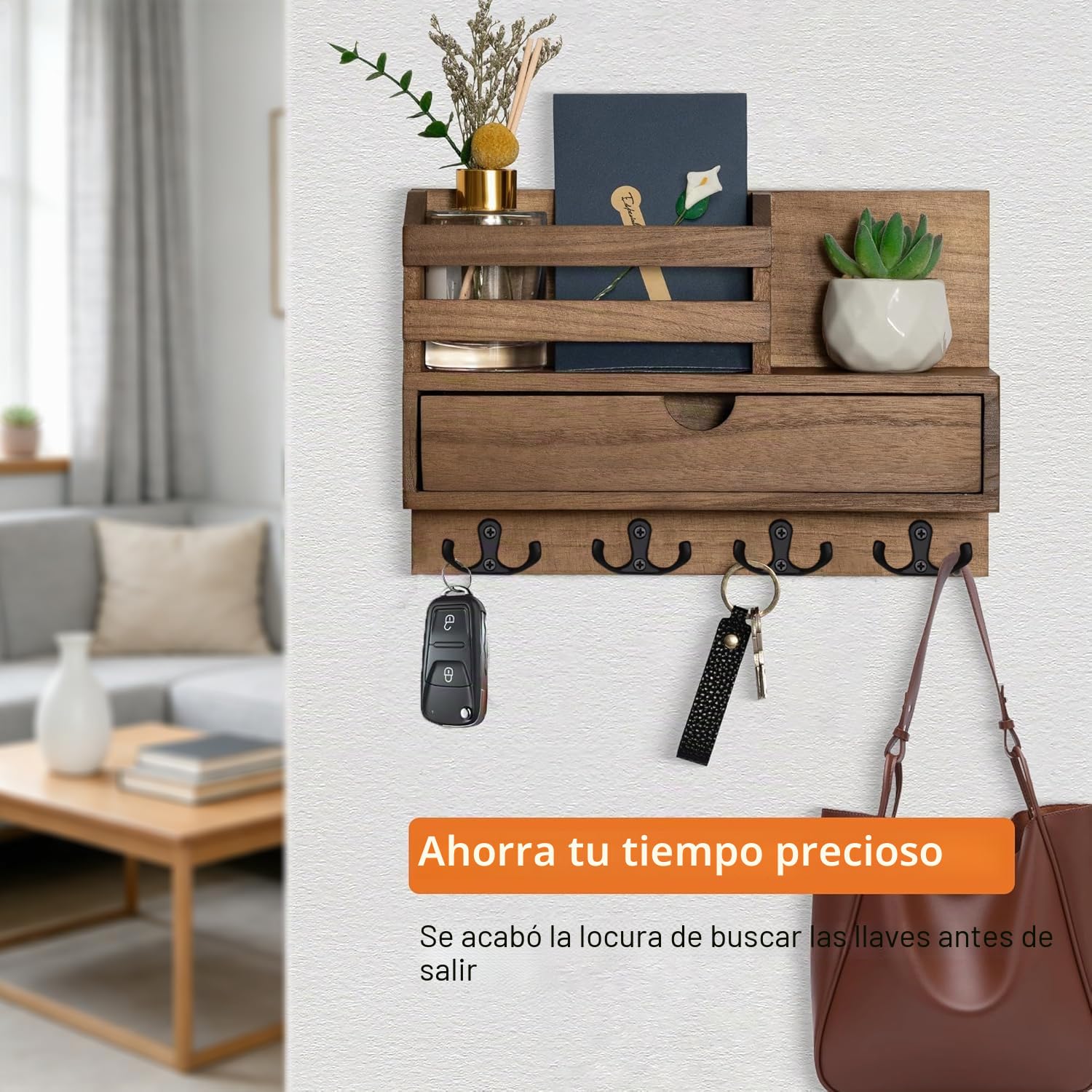 Colgador de Llaves con 4 Ganchos Dobles, Multifuncional Porta Chaves con Buzón, Colgador Llaves Pared con Cajón, Cuelga Llaves Pared para Salón, Pasillo, Oficina - Marrón