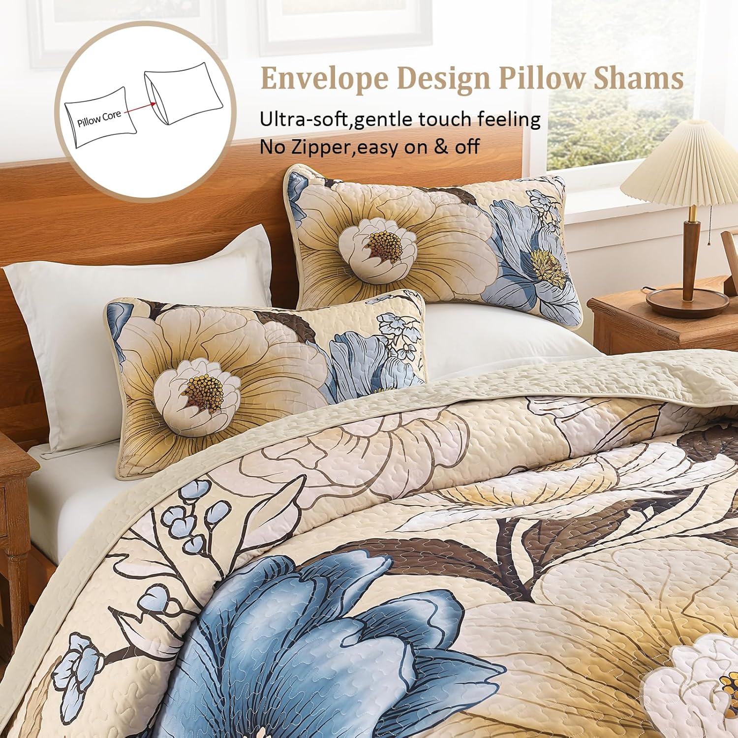 Dintszyayue Khaki Quilt Set Queen,3 Pieces Beige Floral Bedspreads Lightweight Coverlet Set for All Seasons, Reversible Quilted Printed Bedding Set with 2 Pillow Shams - Image 8