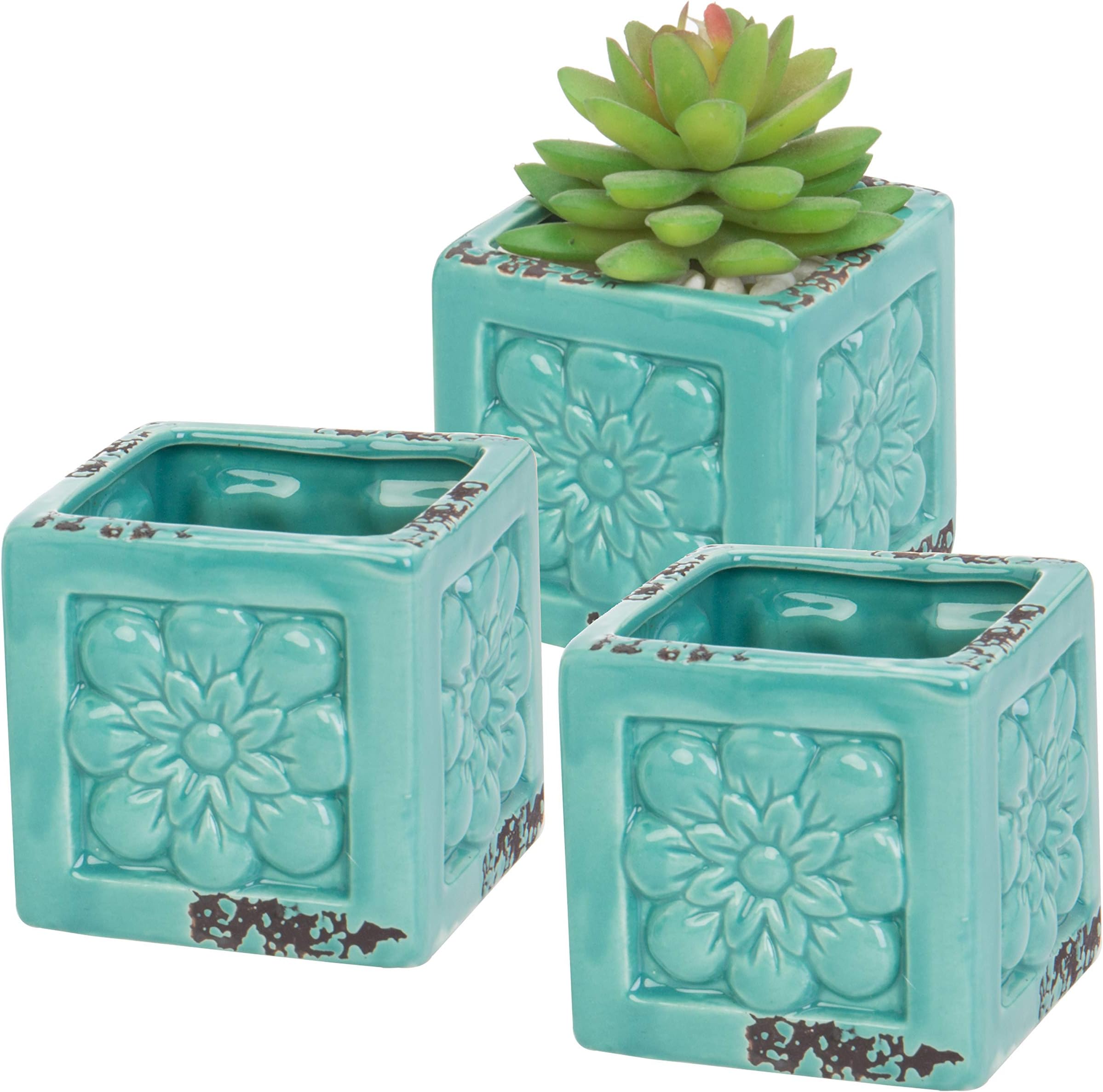Set of 3 Rustic Style Turquoise Ceramic Floral Design Succulent Plant Pots/Mini Herb & Cacti Planters