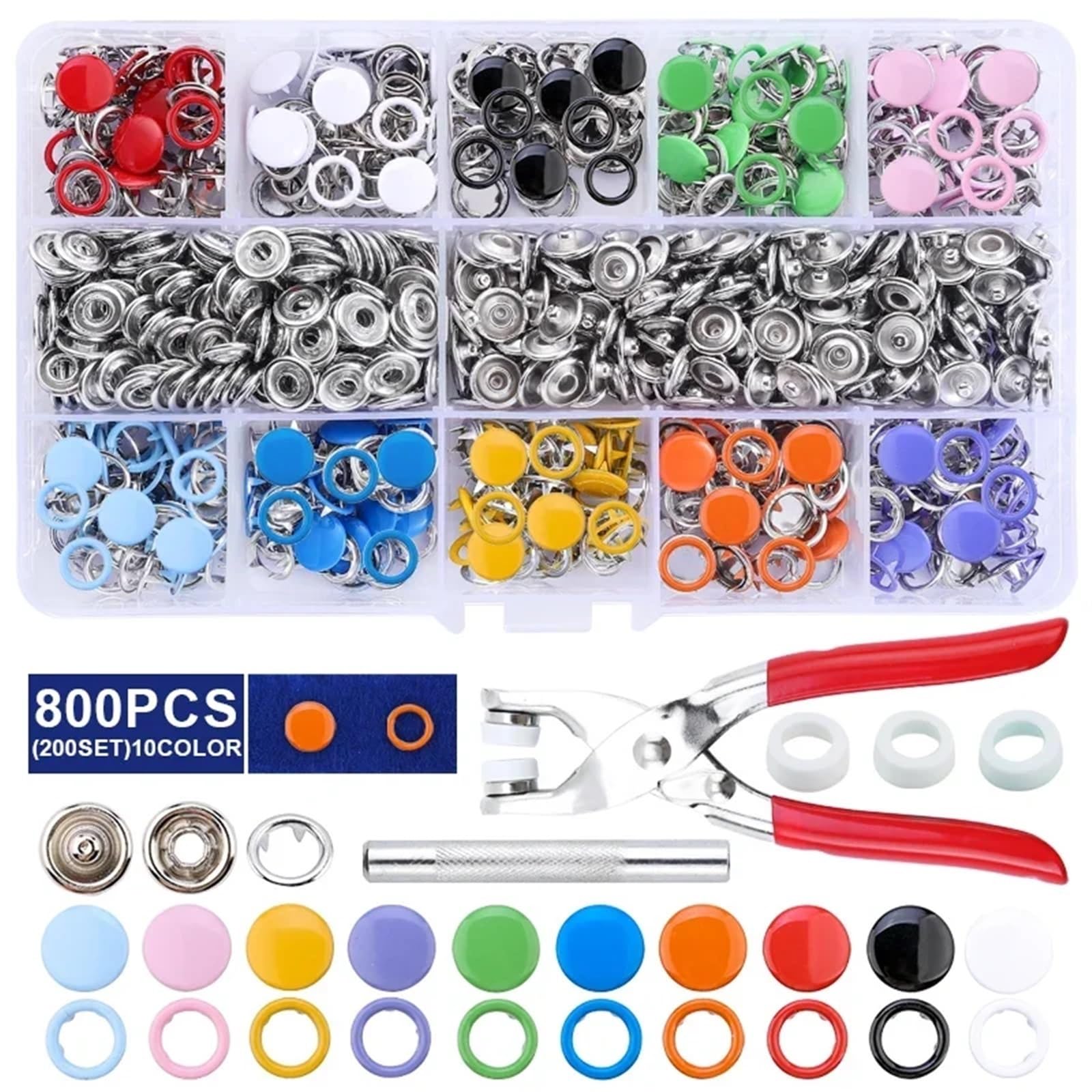 Lot de 100/200 boutons pression en métal avec pince de fixation pour couture de vêtements 10 couleurs (800 pièces - 200 ensembles)