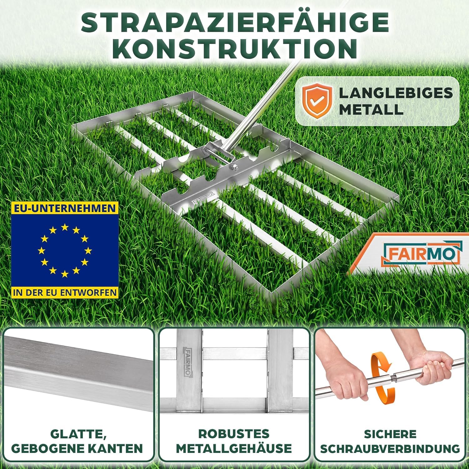 Rasenrechen Rasenrakel Edelstahl (75x35 cm) von Fairmo [für sattgrünen Rasen] - Rakel für Rasen inkl. 2 Meter Stiel - Rasenpflege mit Nivellierrechen - Rasenrechen breit Sanden