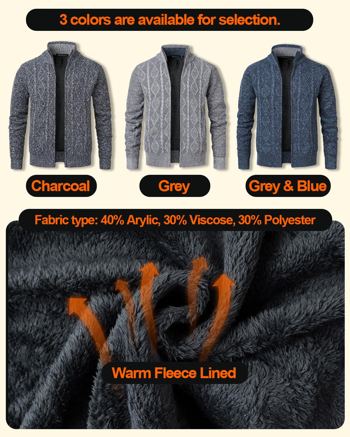 Cardigan Gilet Homme Pulls Tricot Torsadé Manteaux Tricoté Ouvrez-Front Zippé Maille Chandail Doublé de Polaire avec Col Debout Automne Hiver