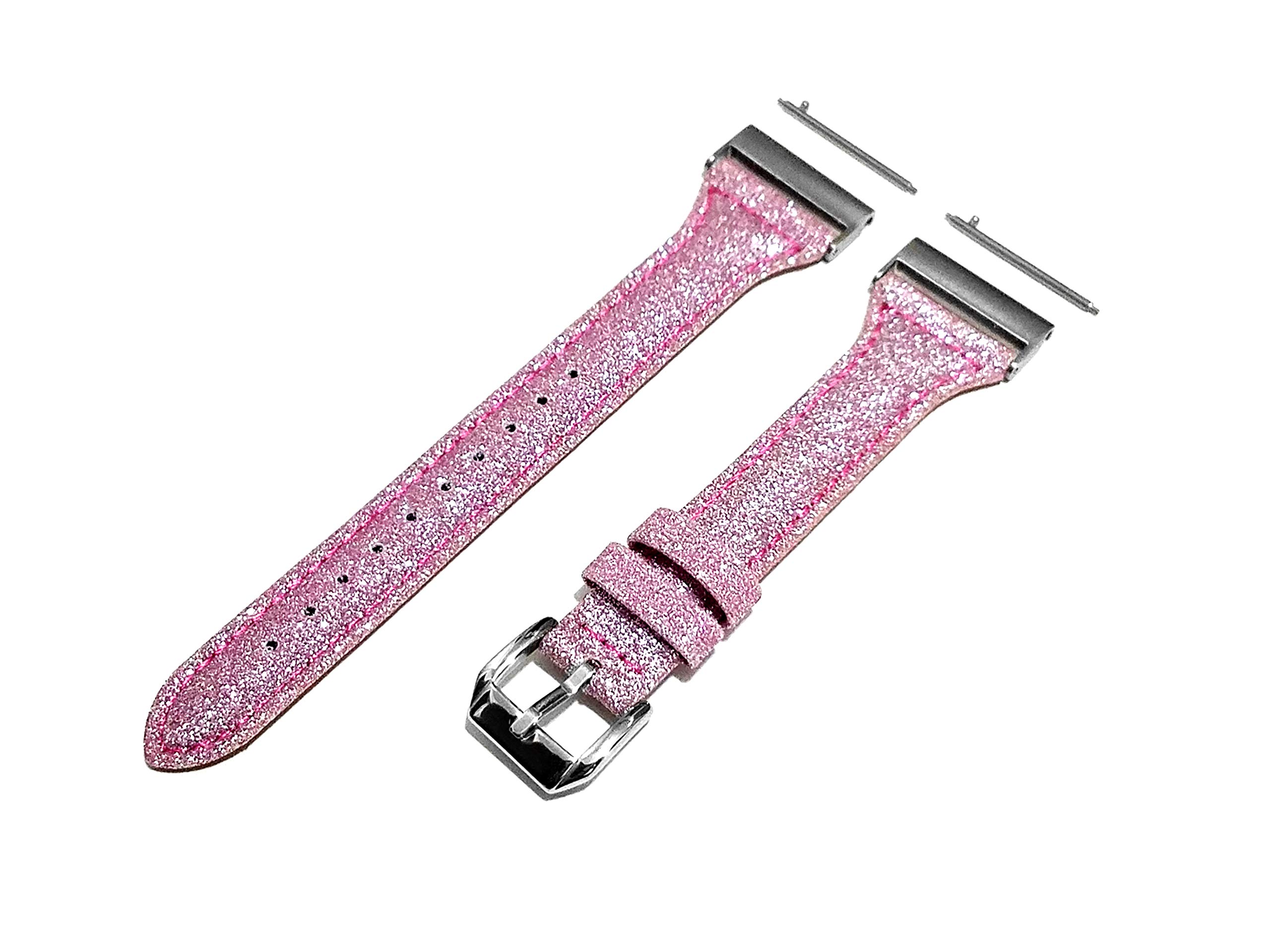 NICKSTON Pink Sparkling Glitter Slim Leather Watch Bands 24mm 25mm Width for Traditional and Smartwatches Straps with Stainless Steel Quick Release