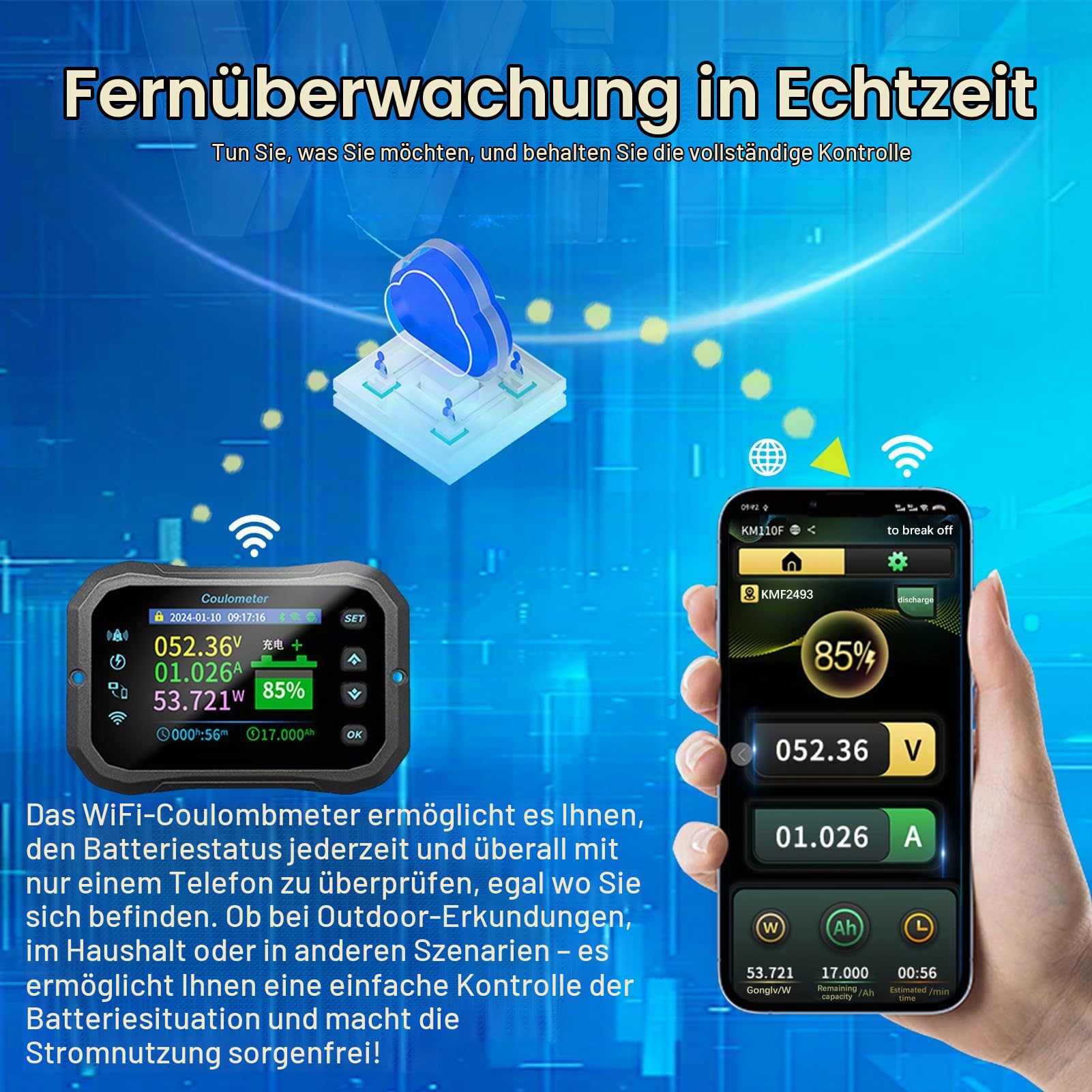 Batterie Monitor, Batteriewächter 12V 24V 36V 48V 72V Batterie Überwachung App Fernbedienung Farbdisplay mit Alarm Battery Guard 100A 10-100V für Wohnwagen Solaranlage