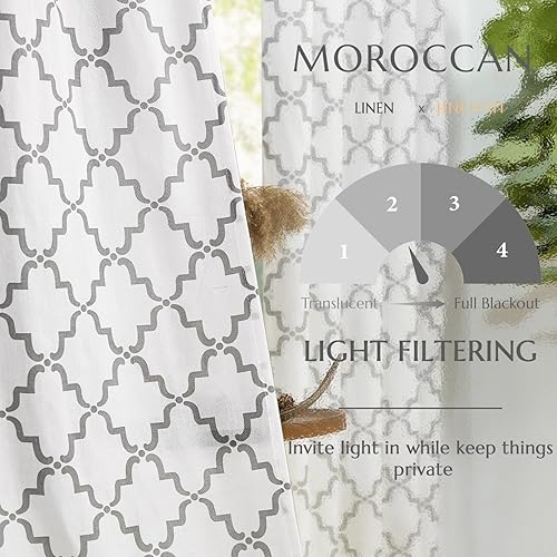 Miniatura 4 de jinchan Cortinas de lino con estampado de enrejado marroquí para sala de estar, cortinas grises de granja de 96 pulgadas de largo, 2 paneles para