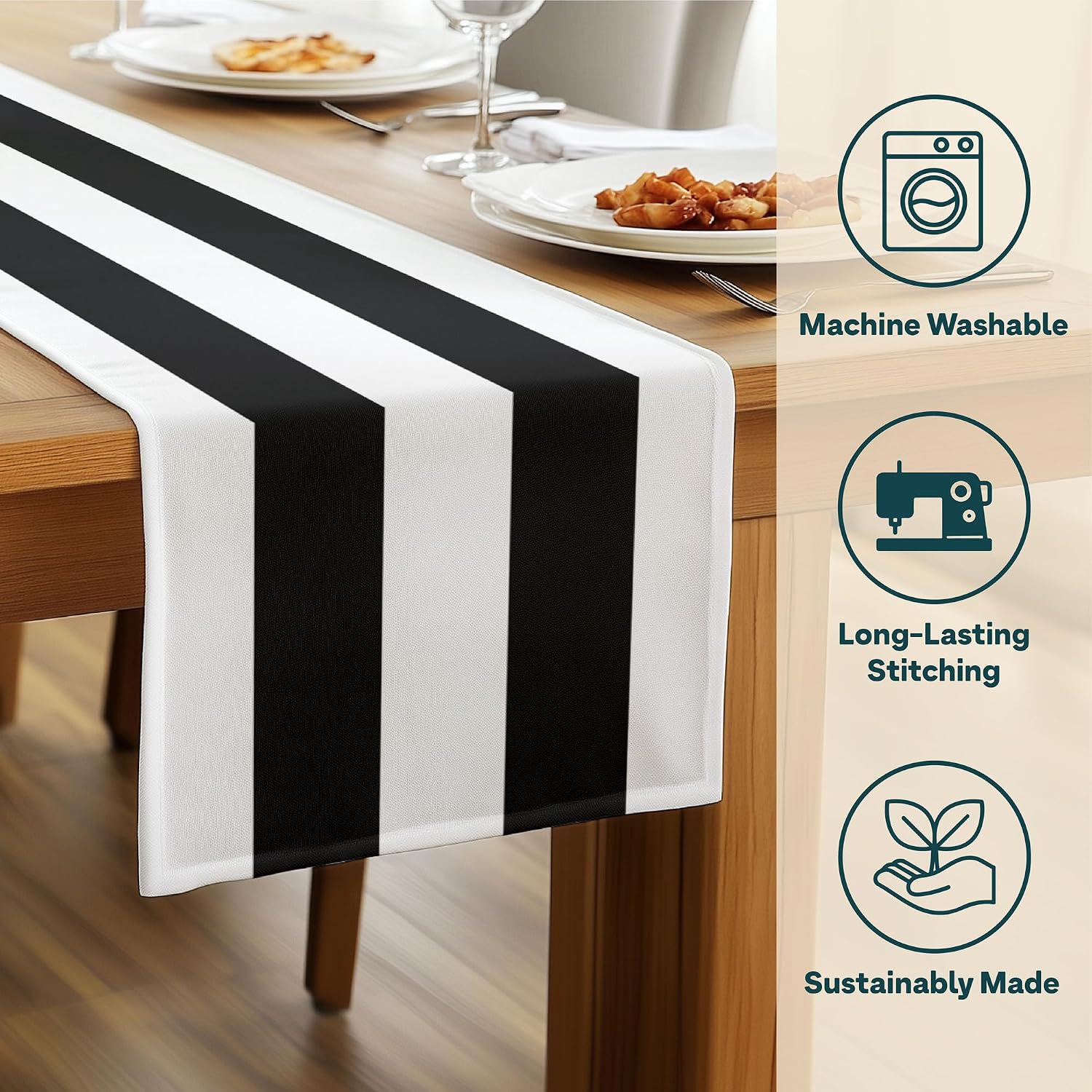 Fabric Textile Products | Black and White Striped Tablerunner | Cabana Table Decor | 12" x 72" | Machine Washable and Stain-Resistant for Easy Care | Made in The USA