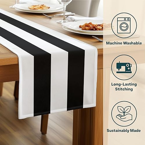 Miniatura 2 de Fabric Textile Products Mesa a rayas blancas y negras  Decoración de mesa de cabaña  14 x 108 pulgadas  Lavable a máquina y resistente a las manchas
